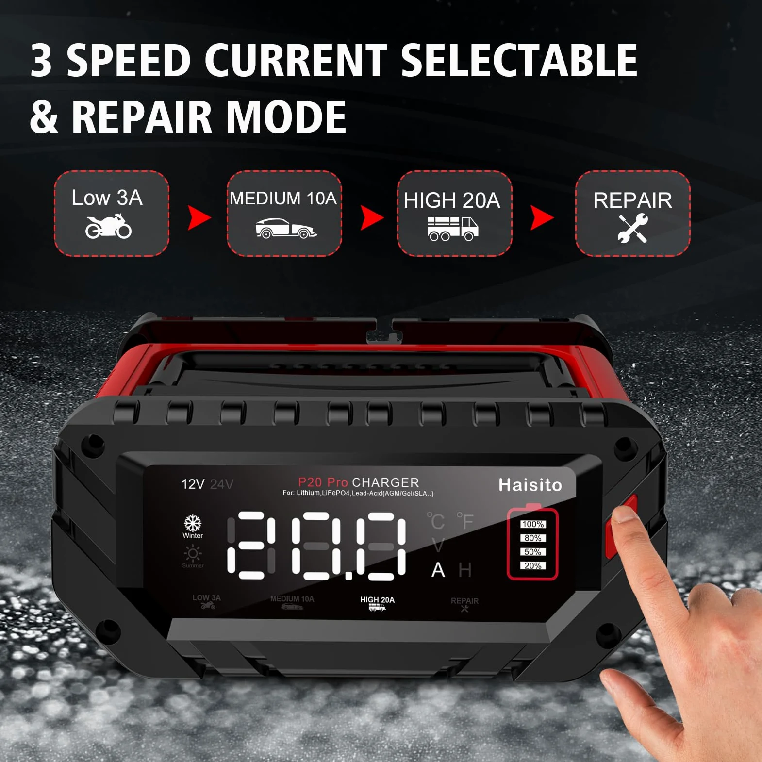 Haisito Cargador de batería de coche P20Pro, 12 V, 24 V, 20 A, cargador inteligente para baterías de iones de litio LiFePO4, baterías de plomo-ácido (AGM, GEL, EFB, MF, etc.), barcos, camiones