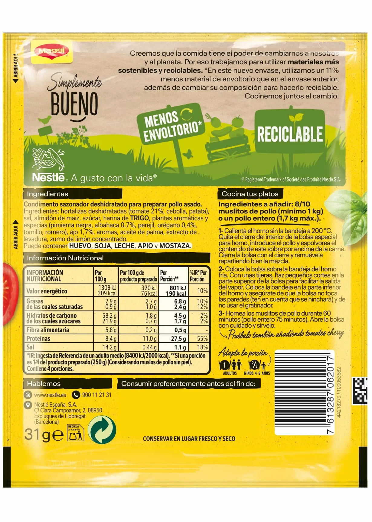 MAGGI Jugoso al Horno Receta Mediterránea 16x31g Bolsa para Horno con Condimentos Airfryer