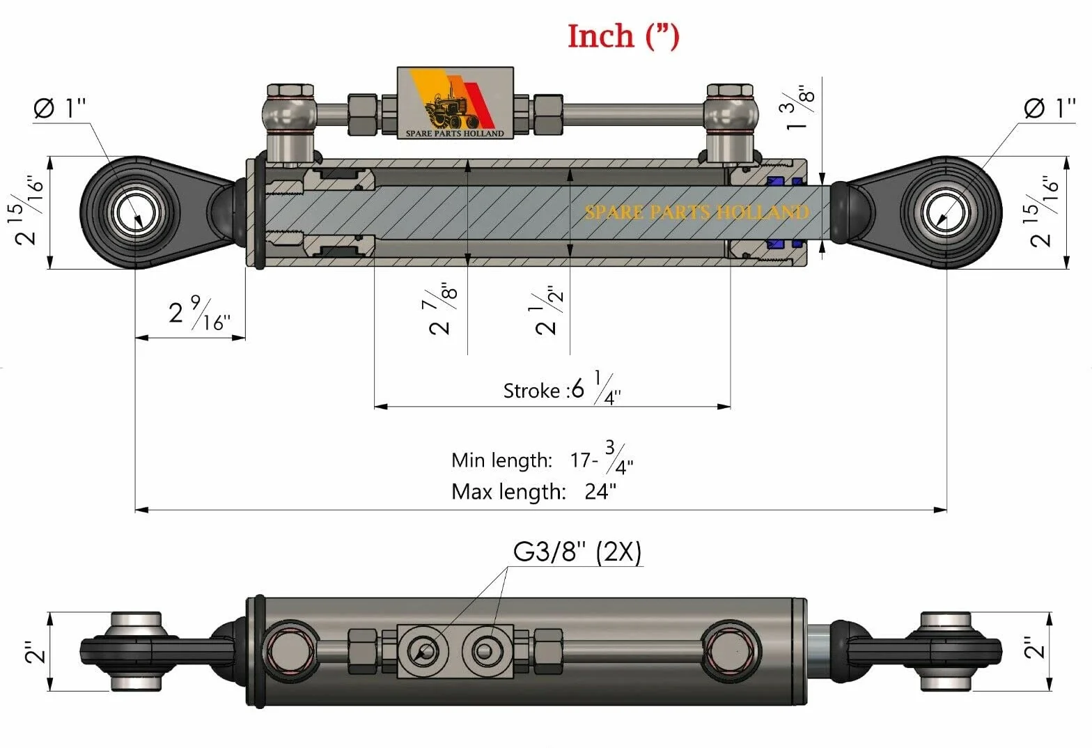 Tercer Punto Hidráulico Cat 2 450-610 mm con Bloque de Bloqueo y 2 Mangueras