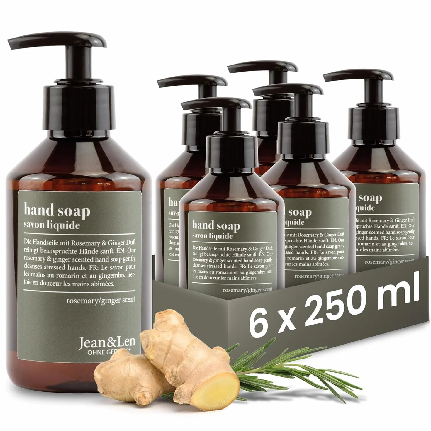 Jean & Len Jabón de manos Rosemary & Ginger 6 x 250 ml dosificador recargable sin parabenos