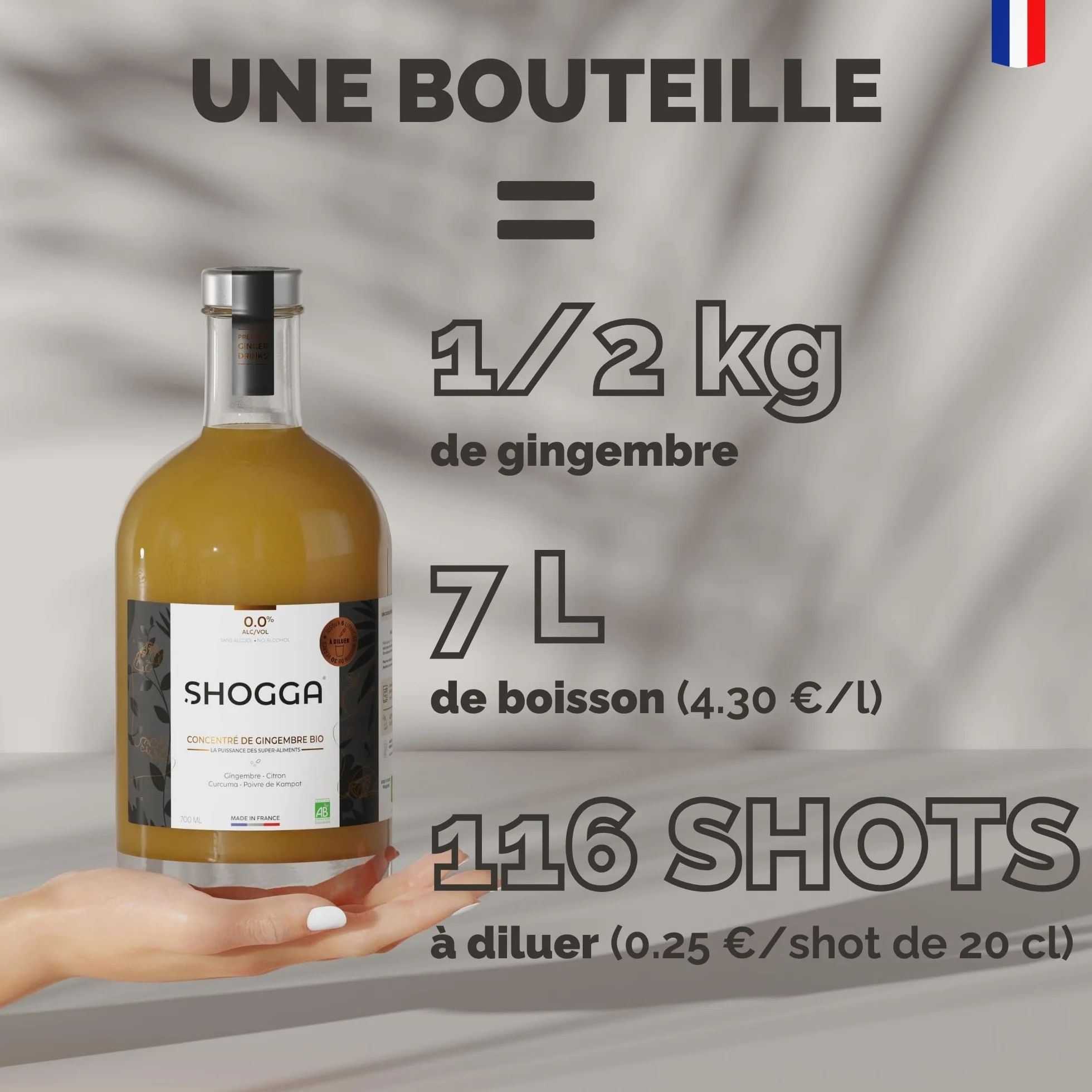 SHOGGA Concentrado de Jengibre Ecológico 200 ml Bebida Premium sin Alcohol 12 Superalimentos