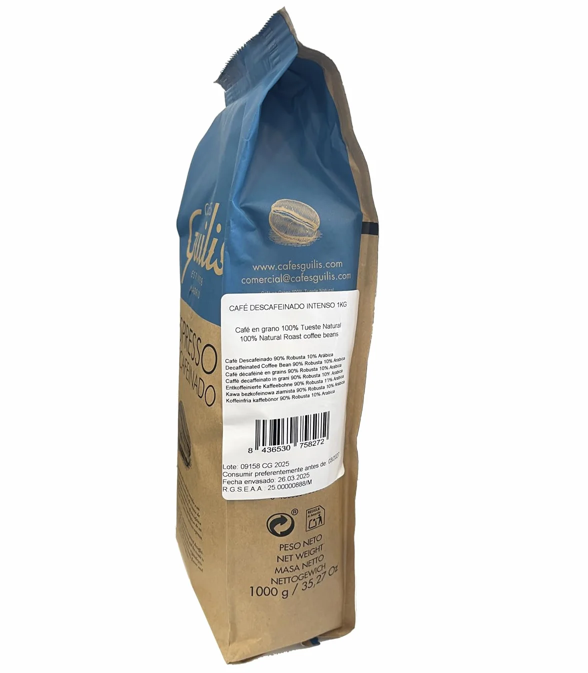 CAFES GUILIS DESDE 1928 Café Descafeinado en Grano 1 kg - Mezcla Intensa - Tueste Natural