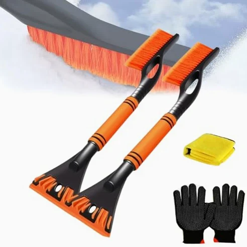 Cepillo de nieve y raspador de hielo para coche, diseño extensible de 60 cm desmontable con agarre de espuma, varilla de aleación de aluminio, incluye guantes y toallas para coches, camiones, SUV