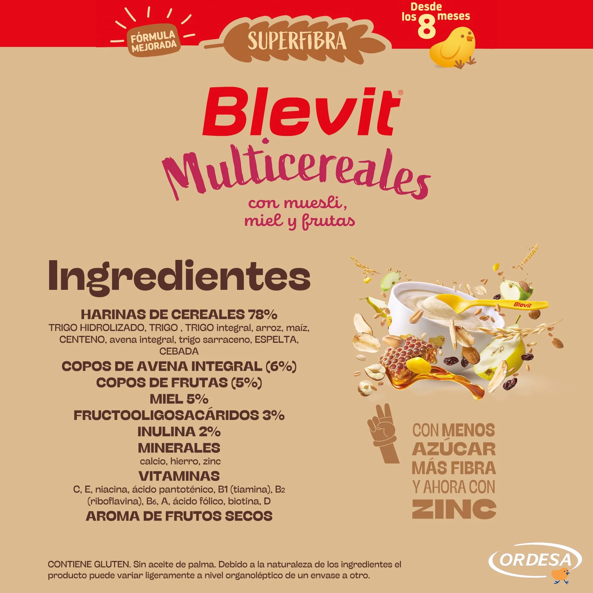 Blevit Superfibra Multicereales Papilla 8 Cereales con Muesli, Miel y Fruta 500g para Bebé 8 Meses