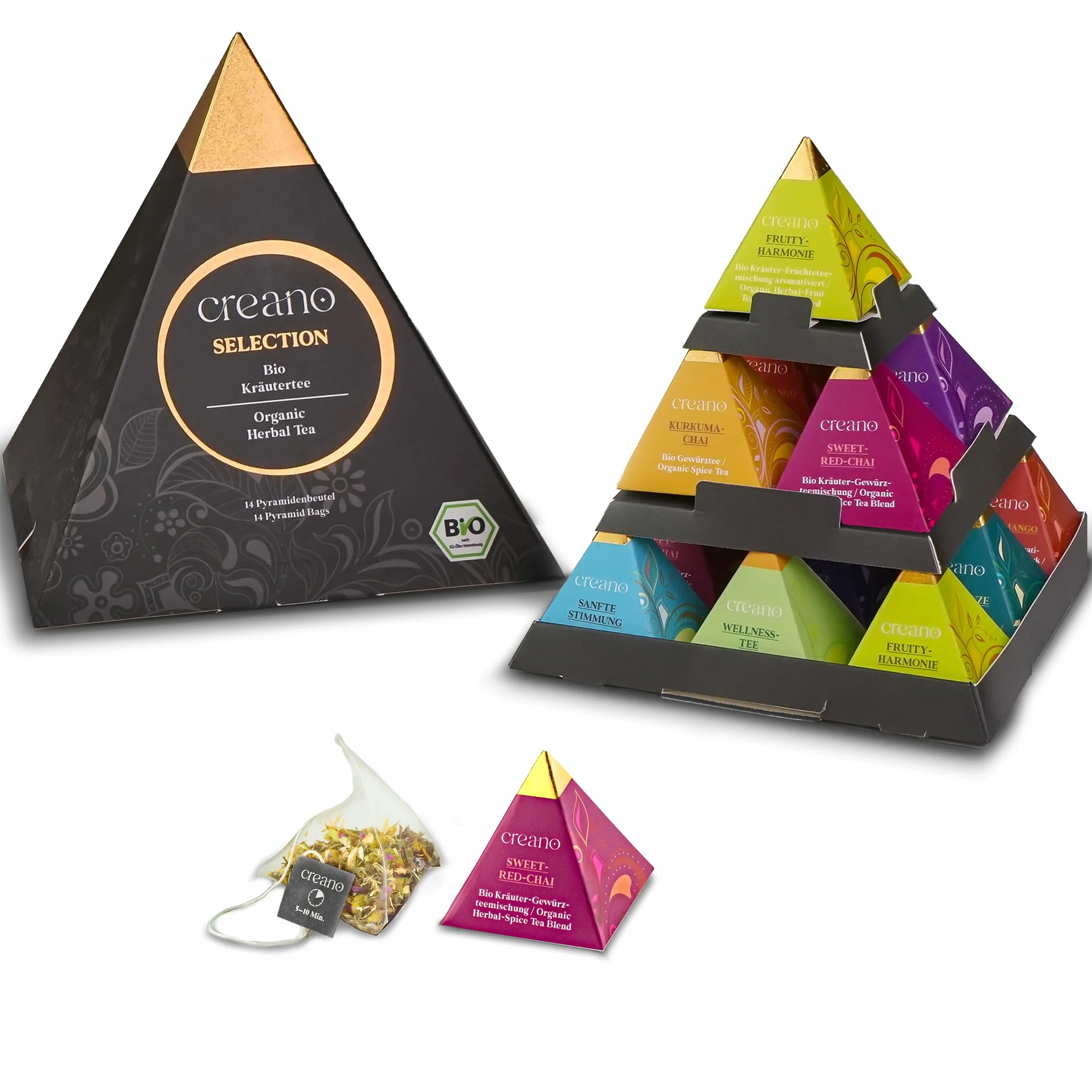 Creano Set de Regalo Té Bio Infusión Hierbas 24 Bolsitas Piramidales 9 Variedades Sin Cafeína