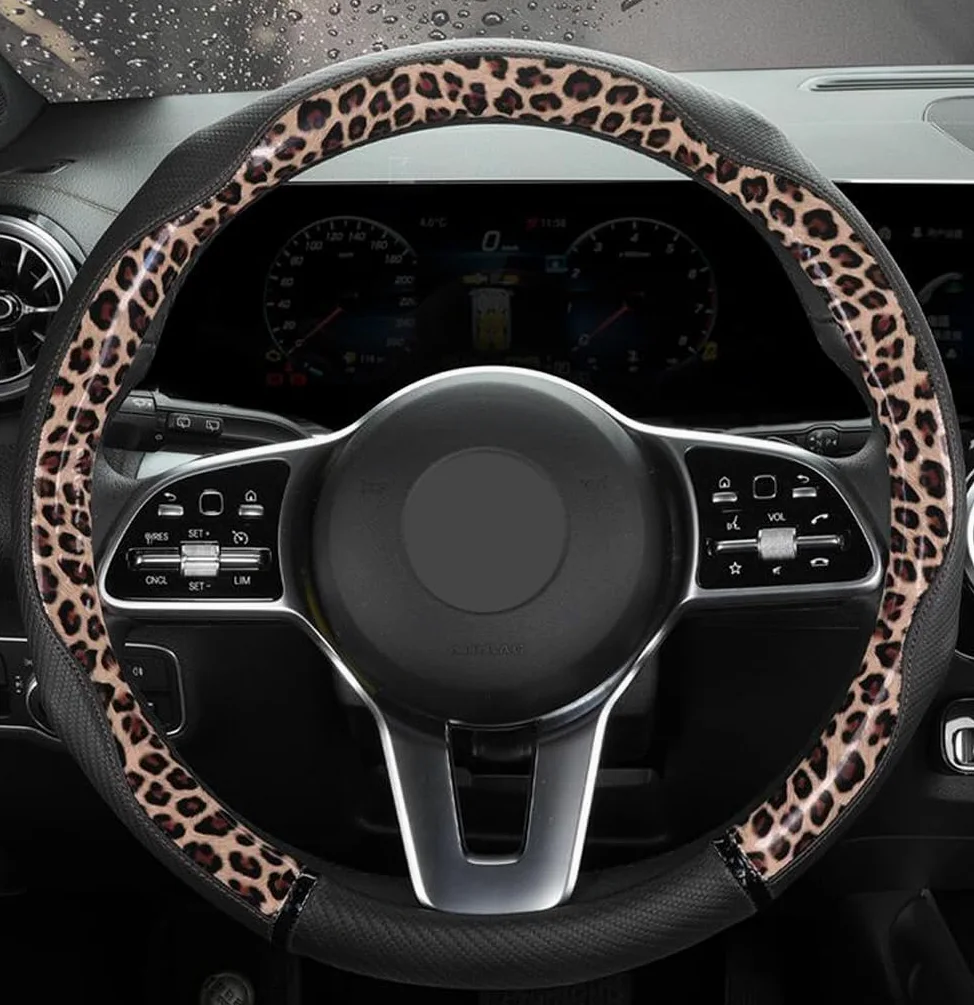 Funda para Volante de Cuero Duradero Antideslizante Transpirable para Las Cuatro Estaciones Universal de 15 Pulgadas (Leopardo-café)