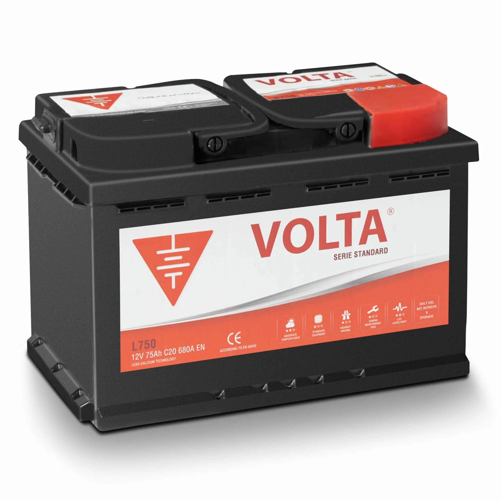 Bateria de Coche 75Ah 680A - Volta L750D - Borne +Dcha - Medidas Largo 278 x Ancho 175 x Alto 190 mm con 2 años de Garantía - Fabricación Europea.