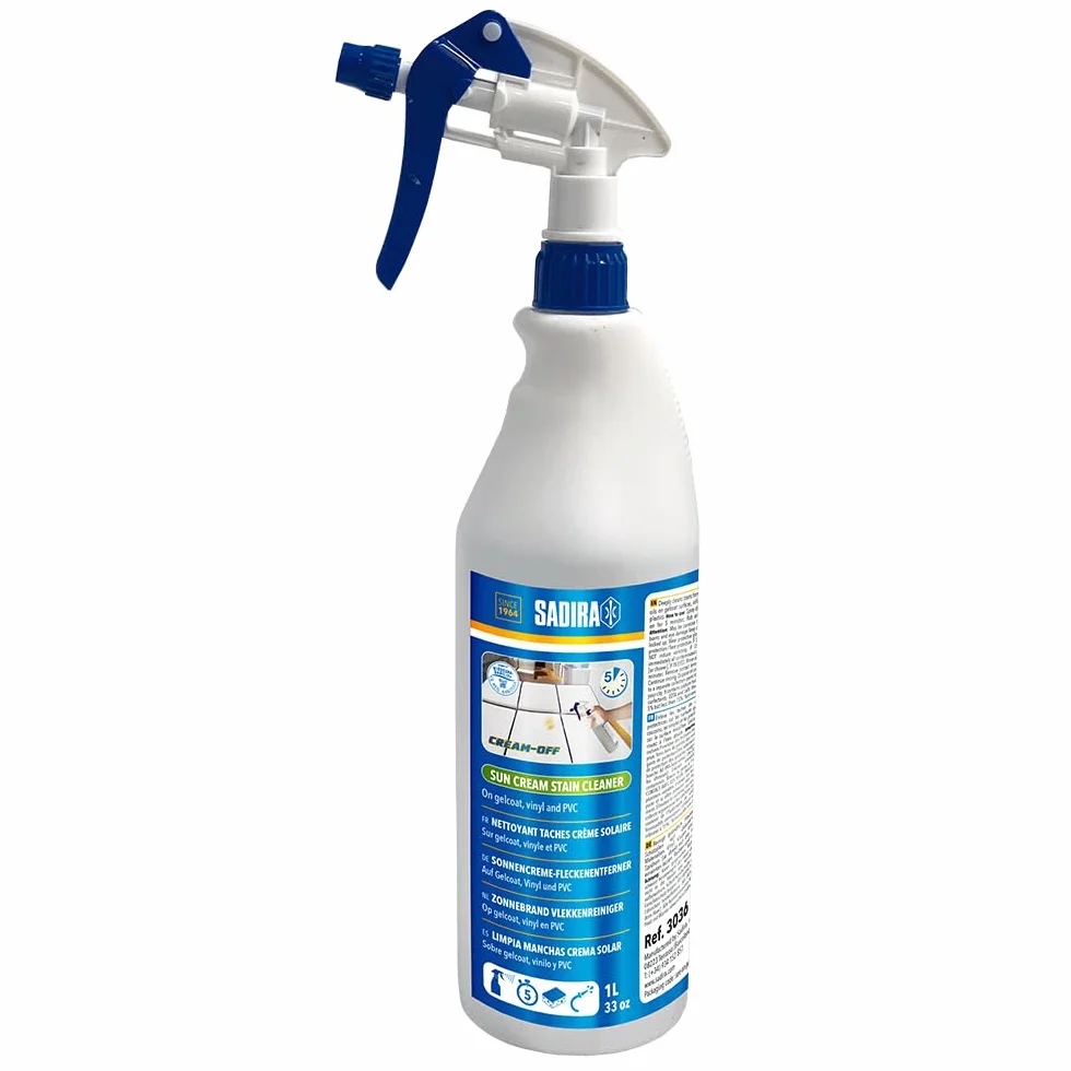 SADIRA Limpiador Manchas Crema Solar 1 L. Elimina Restos De Protectores Solares En Gelcoat, Vinilo, PVC Y Plásticos. Ideal Para Asientos, Neumáticas y Colchonetas Náuticas