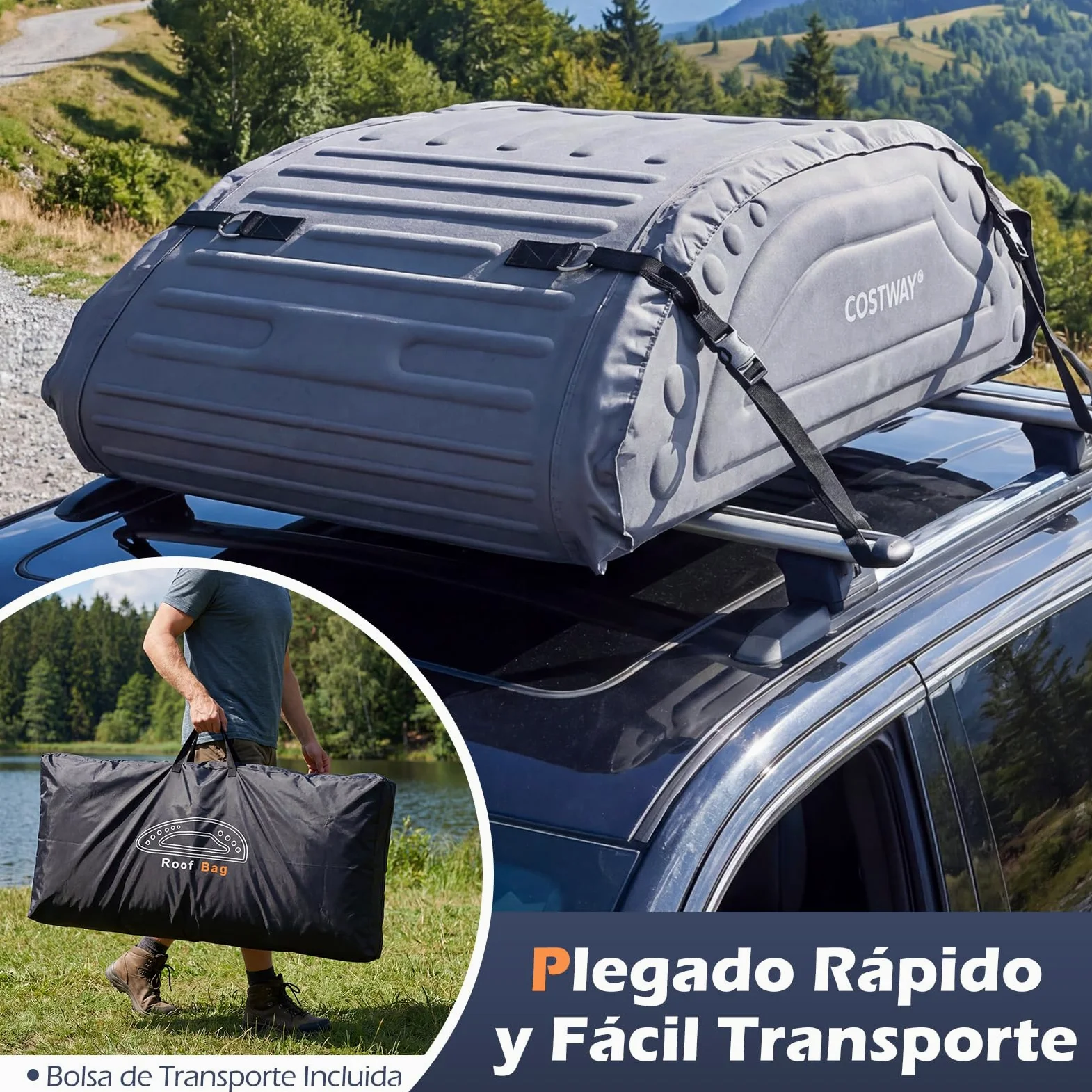 COSTWAY Bolsa de Techo de Coche Capacidad de 425 litros Bolsa de Portaequipajes Impermeable con Correas para Vehículos SUV Negro (Gris)