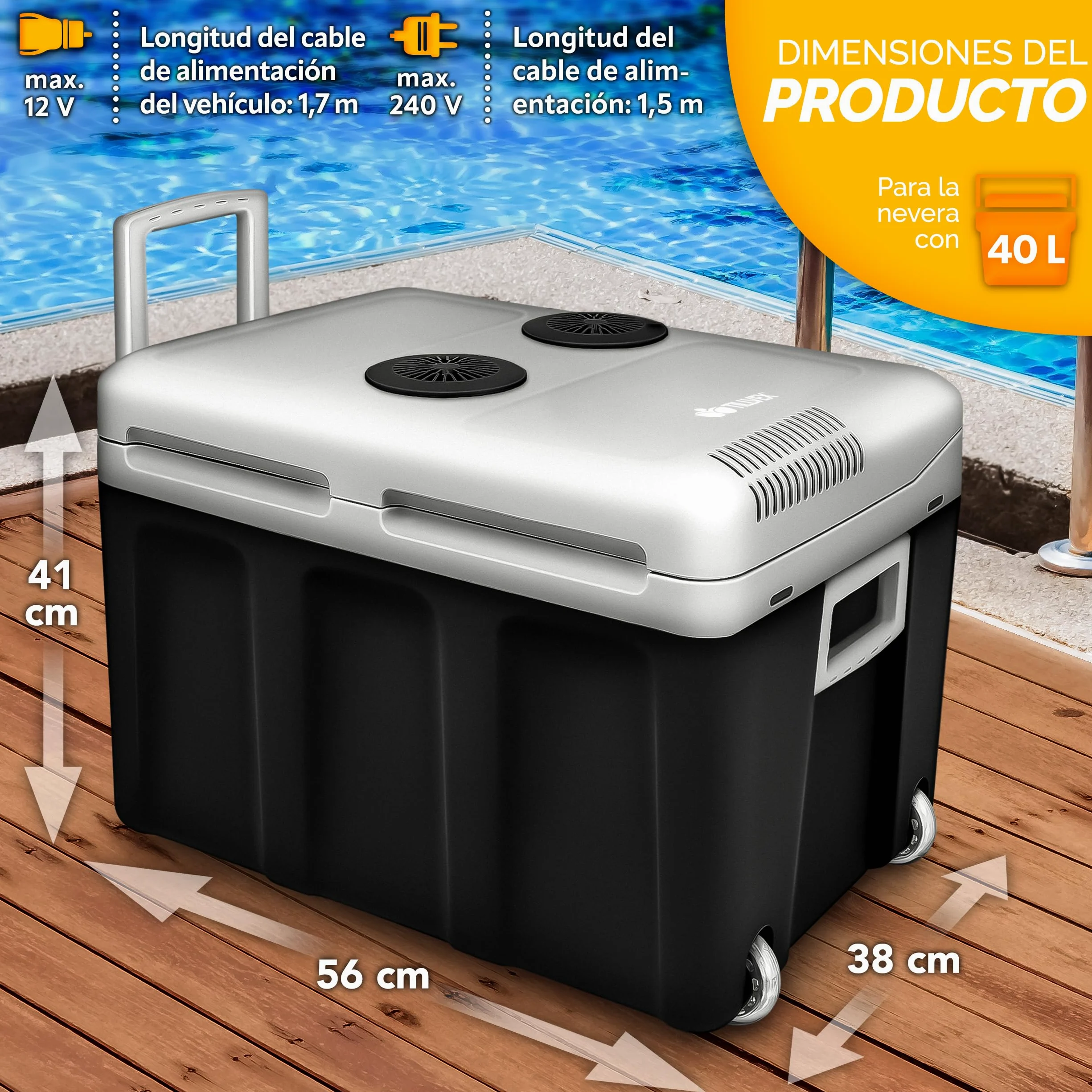 tillvex Nevera portátil eléctrica de 40 litros con ruedas | Mini nevera portátil de 230 V y 12 V para vehículos coches camping | Enfría y calienta | Modo ecológico (Antracita)