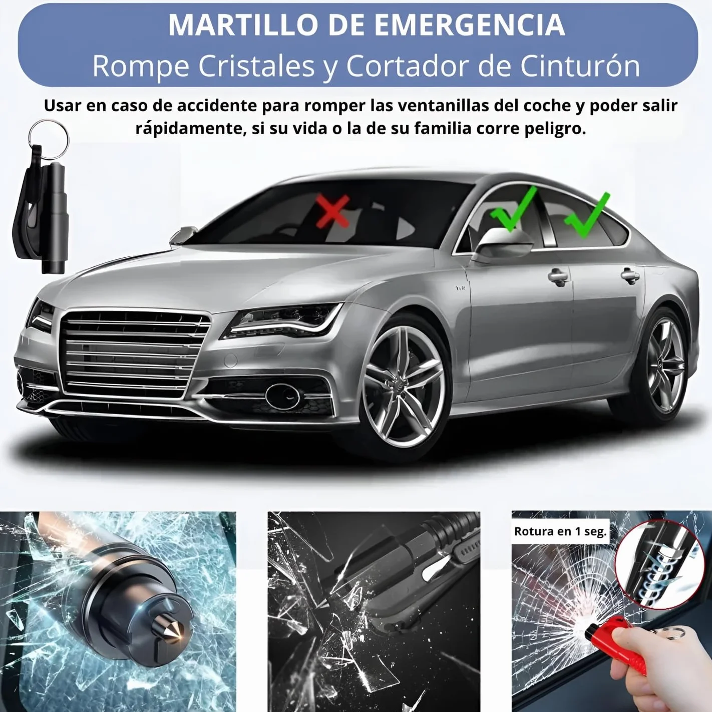 Botiquín de Primeros Auxilios 96 Piezas - Kit de Seguridad para Coche con Martillo Emergencia y Cortador de Cinturón - Estuche Rígido Impermeable