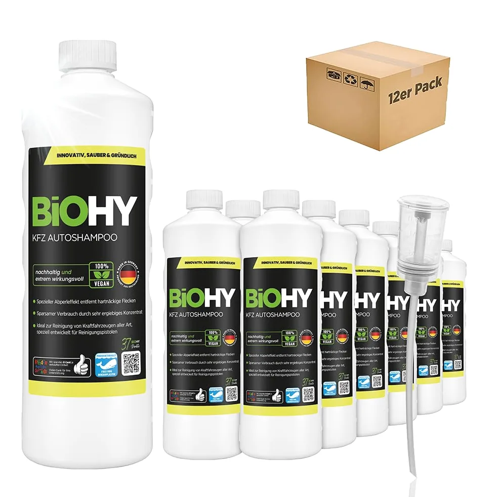 BiOHY Champú para coches (12 botellas de 1 litro) + Dosificador | excelente poder de limpieza y formación de espuma | Produce una fragancia fresca y duradera (KFZ Autoshampoo)