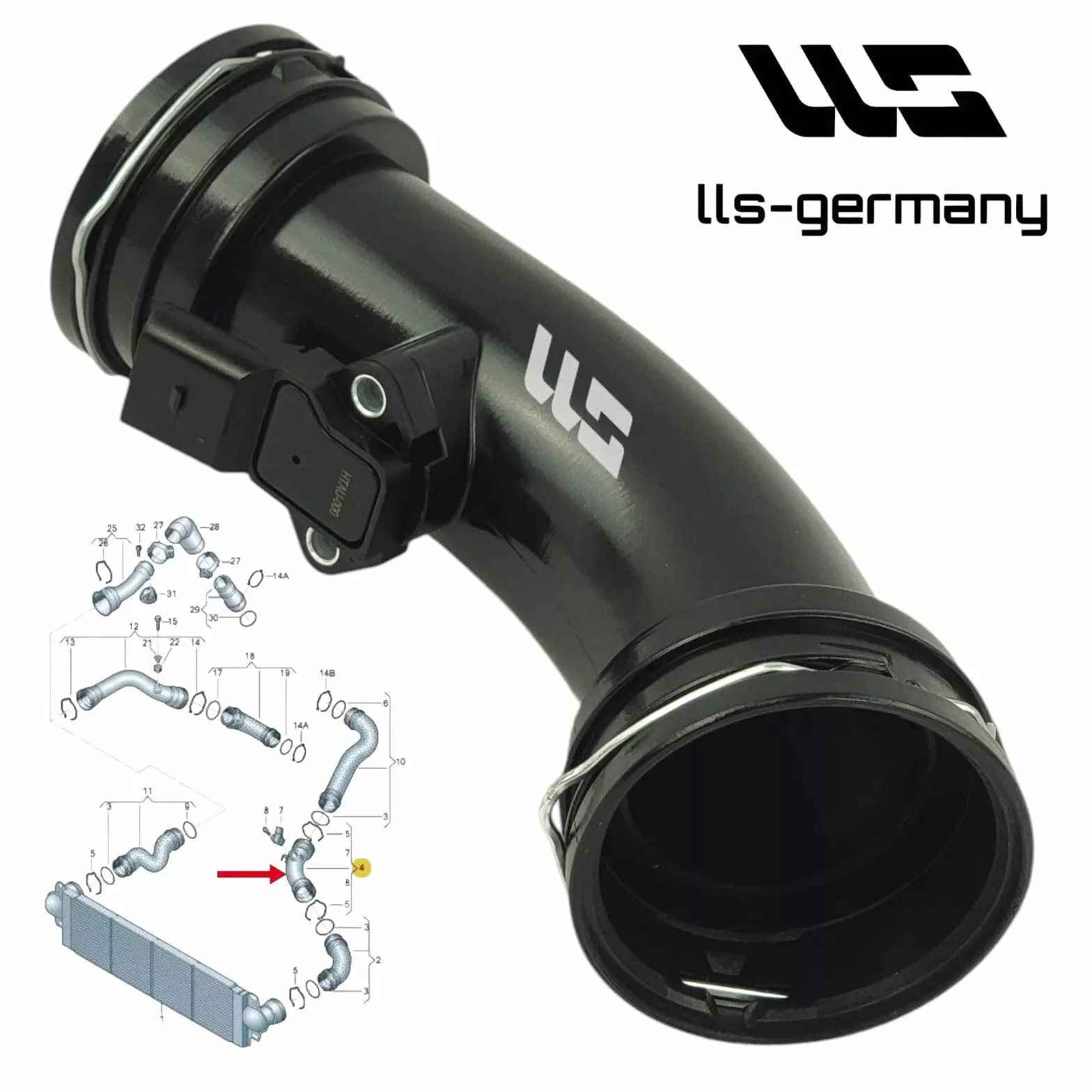 LLS-GERMANY Manguera turbo compatible con V.W. Transporter T5, Bus, Kasten, Multiv., 1.9 TDI, 2.5 TDI, 7H0 145 955 H, 7H0145955D, 7H0145955E, 7H0145955H, 7H0145955J, 7H0145955J, 7H01459555J Large (