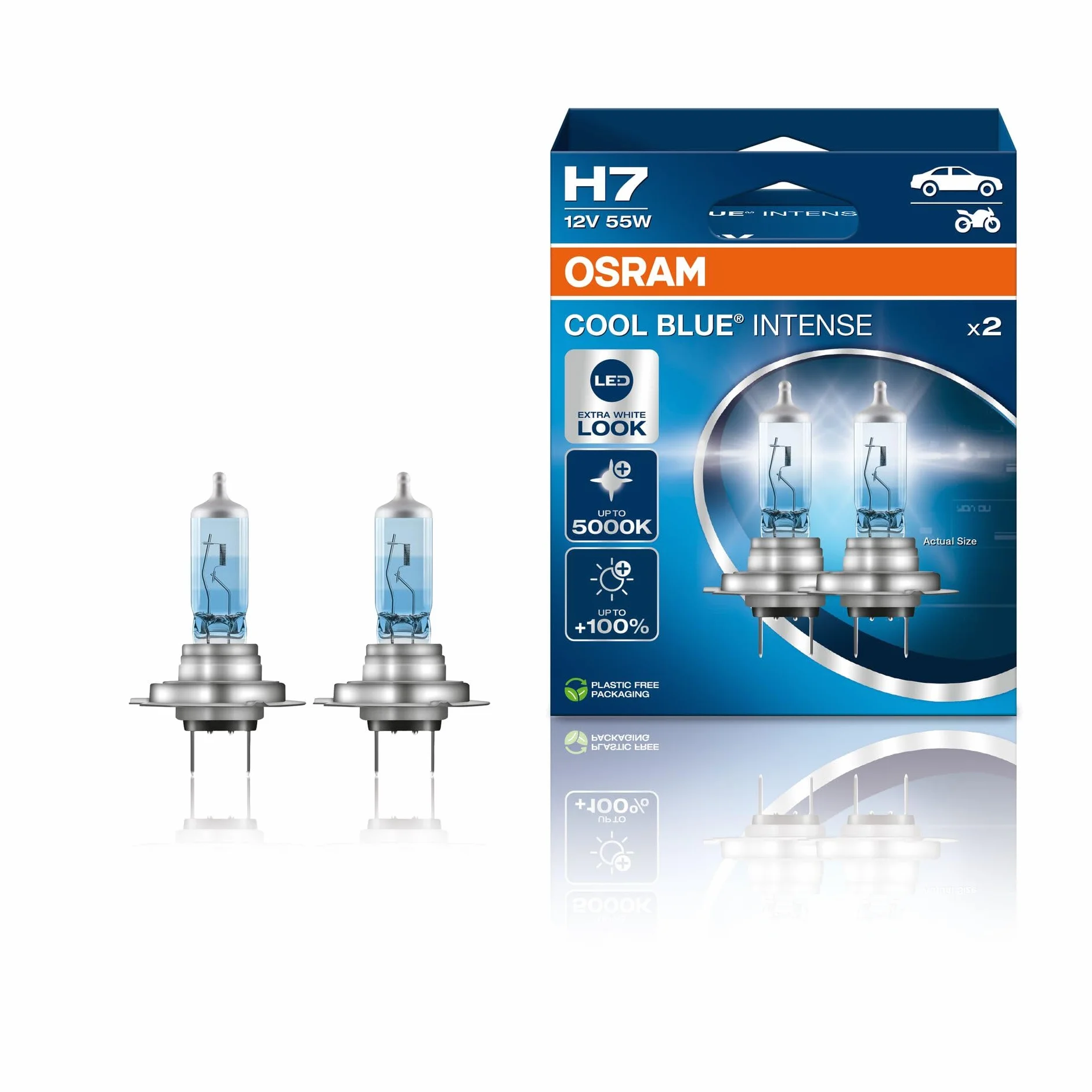 OSRAM COOL BLUE INTENSE H7, lámpara de faro halógena, 5000K, +100% brillo, aspecto LED, 2 unidades