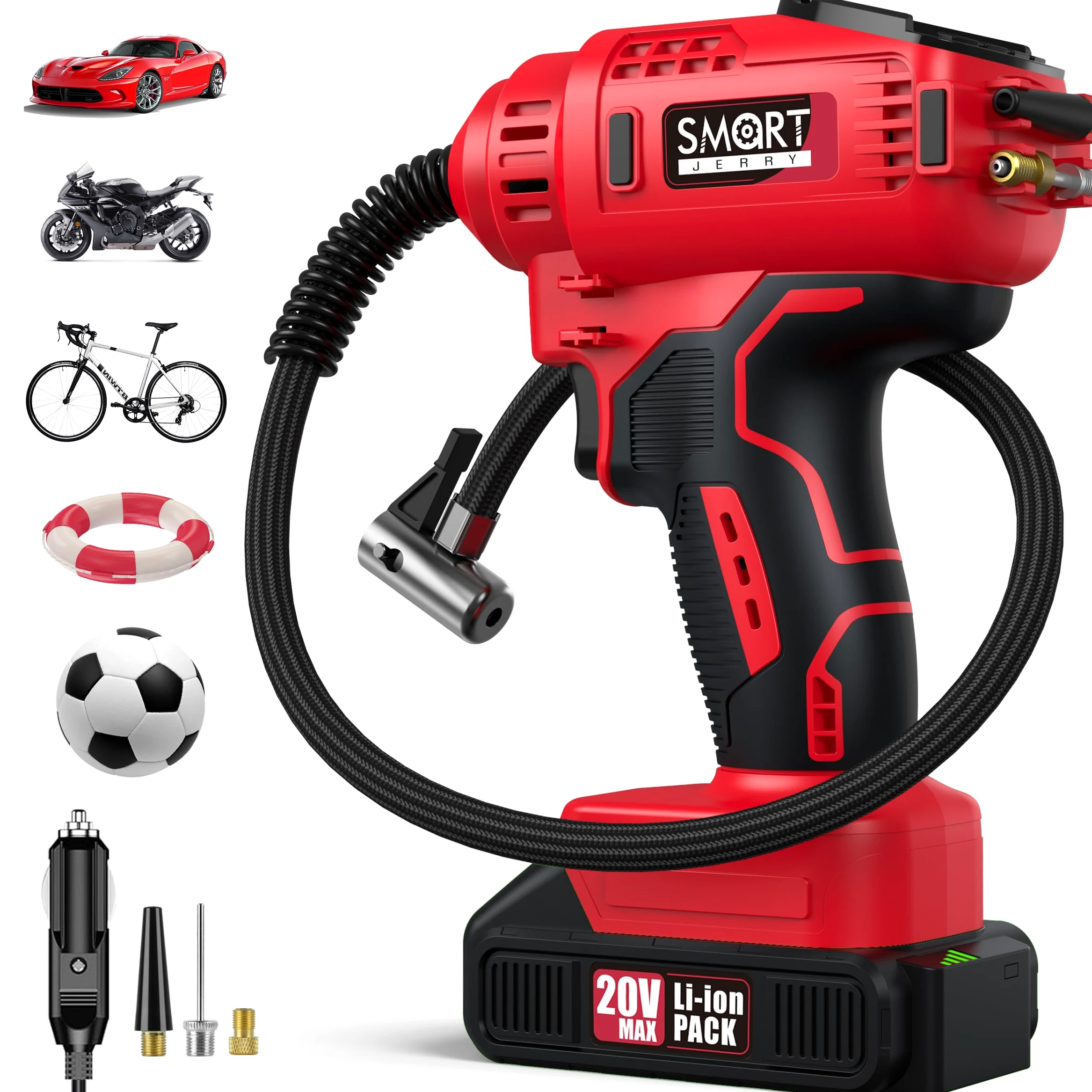 SMART JERRY - Compresor de aire portátil para neumáticos de coche, bomba de aire inalámbrica de doble potencia de 20 V/12 V con presión máxima de 150 PSI y parada automática inteligente | Inflado