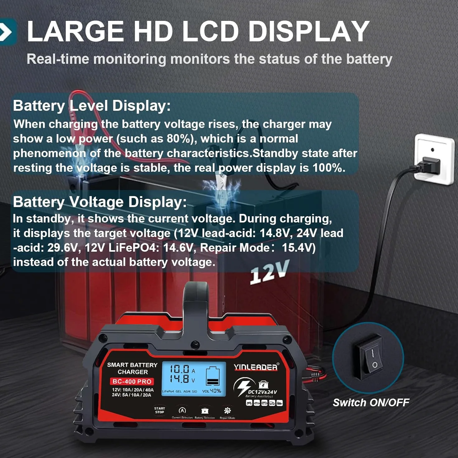 Yinleader Cargador de batería inteligente 40A 12V/24V 20A Cargador de coche LCD Soporte de batería para AGM Moto