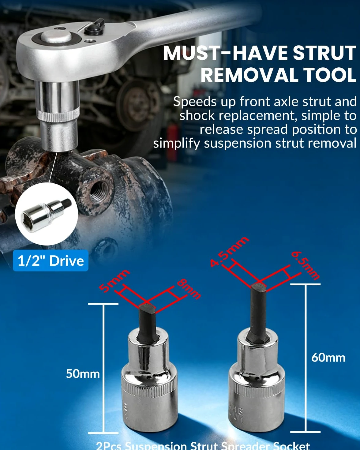 DPTOOL Enchufe de tuerca de puntal de 16 mm, 18 mm, 19 mm, 21 mm, 22 mm, 24 mm con 12 puntos, 1/2 ", enchufe esparcidor de puntal de suspensión, herramienta de amortiguador de 8 piezas