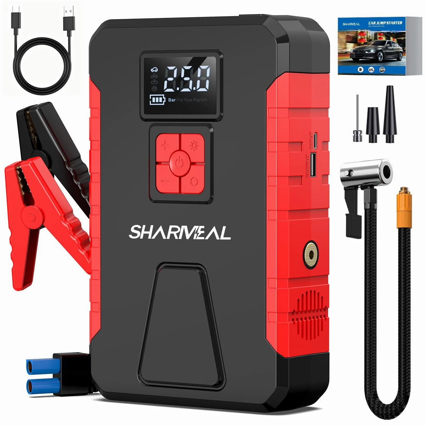 SHARMEAL Paquete de energía de Arranque de 5000 A con compresor de Aire de 150 PSI, Amplificador de batería portátil de Coche de 12 V (10.0 L de Gas/9.0 L diésel), Banco de energía de Arranque de