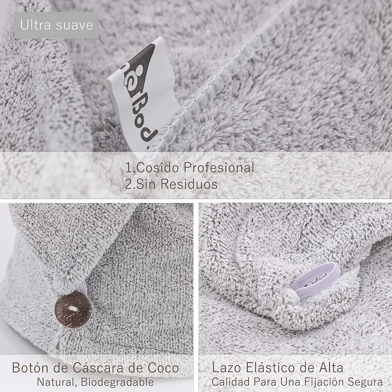 myHomeBody Toallero de Pelo Turbante Secado Rápido Fibra de Bambú Absorbente Ultra Suave Gris 1 Unidad
