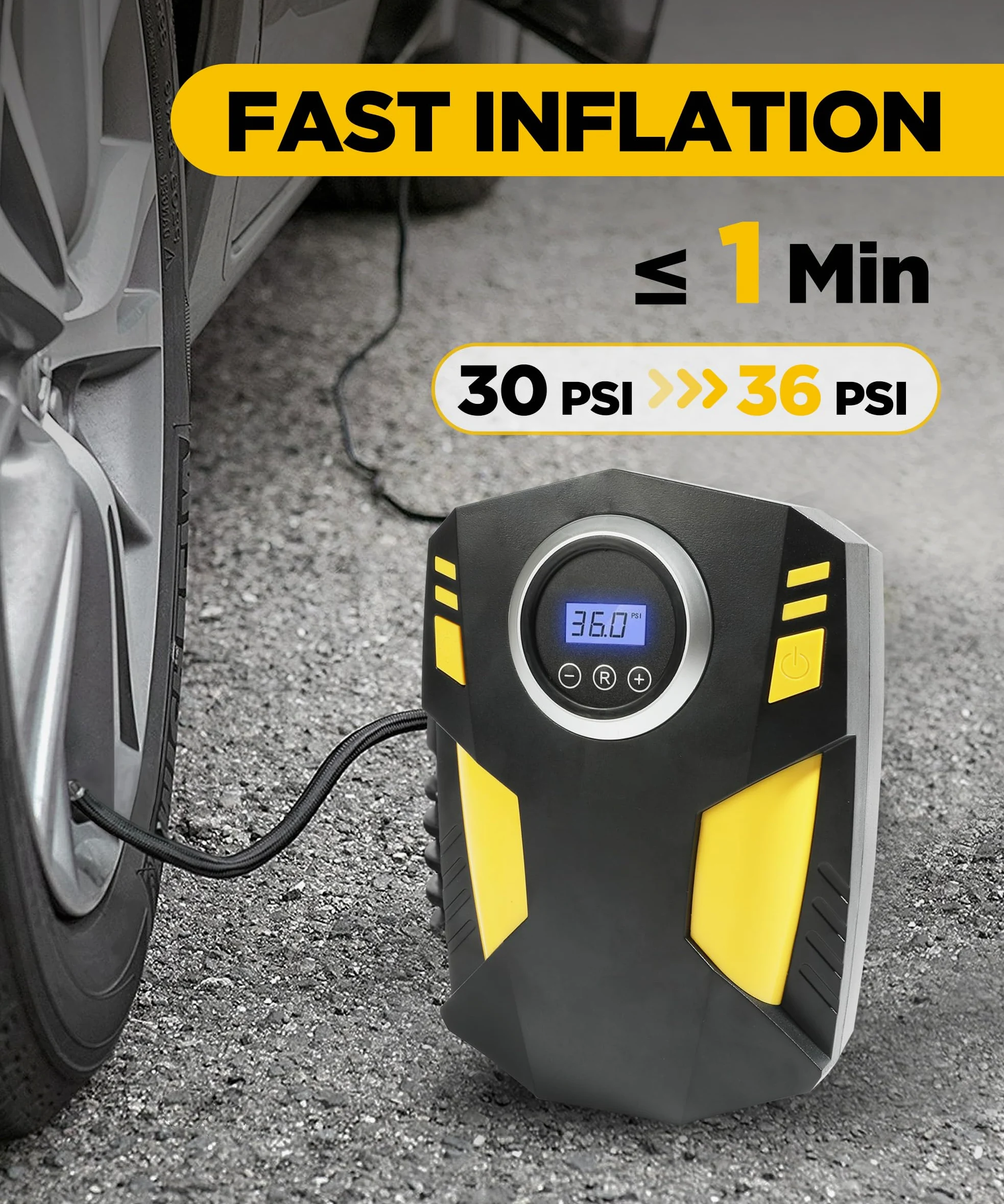 YAKEFLY Inflador de neumáticos, compresor de aire portátil, bomba de neumáticos de coche de 12 V CC con medidor de presión digital, apagado automático de 150 PSI con flash LED de emergencia, compresor