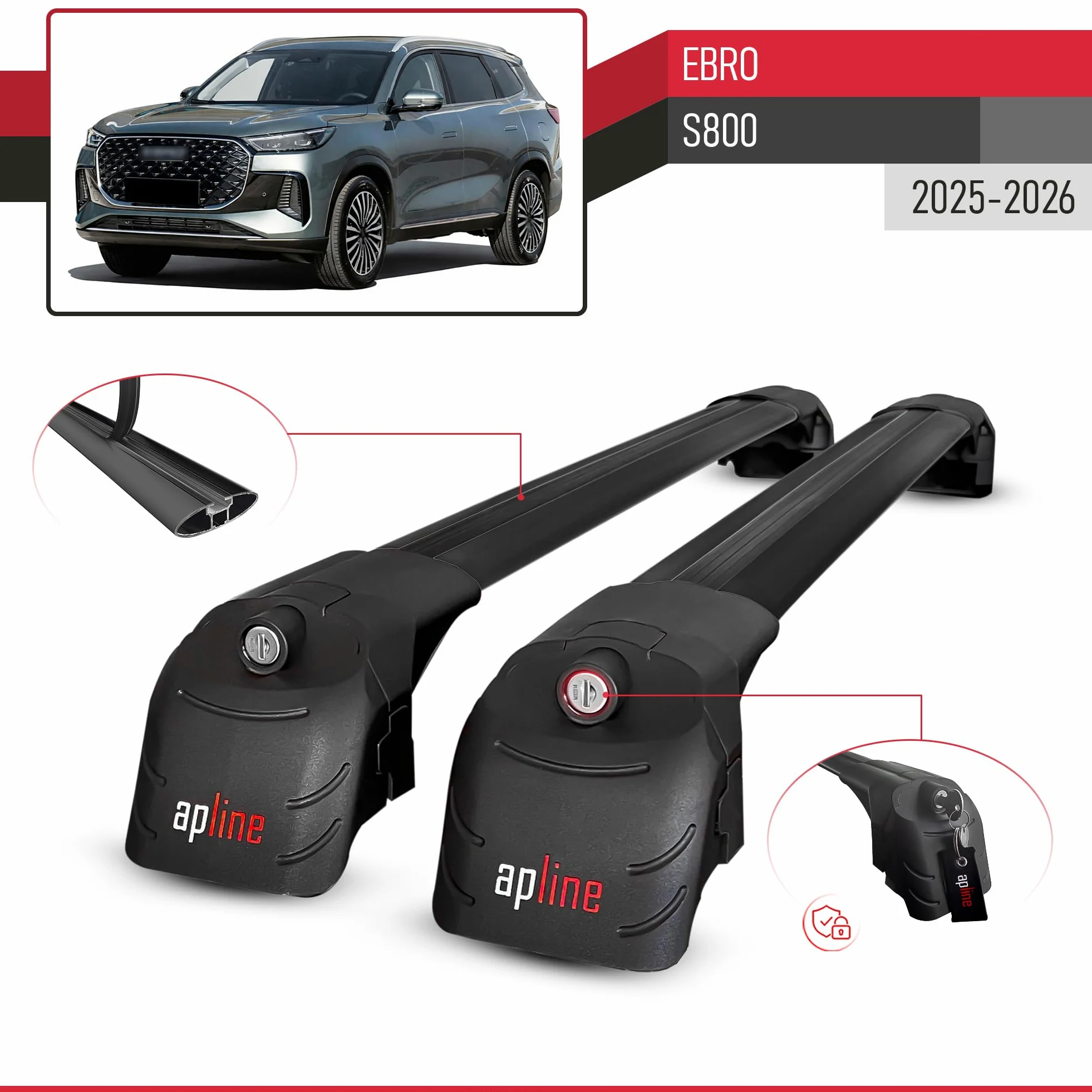 Compatible con Ebro S800 2025-2026 Modelo Ace-2 Barra de Techo Auto Portaequipajes Barras Transversales Negro Aluminio 2 Barras