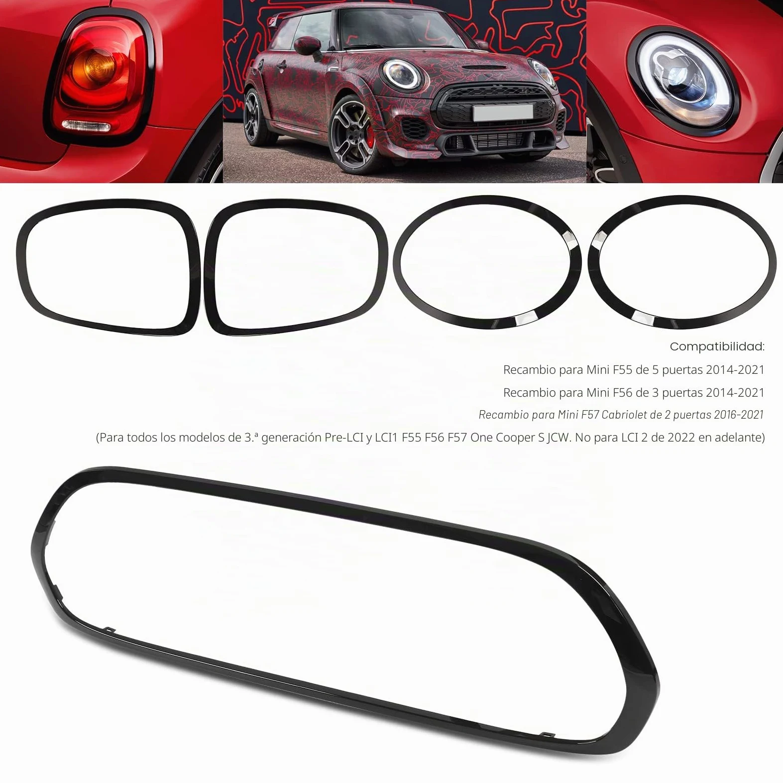 Aramox - Juego de 5 Embellecedores de Cubierta Envolvente para Faros Delanteros Y Traseros, Repuesto Negro Brillante para Mini F55 F56 F57 One S JCW 2014+
