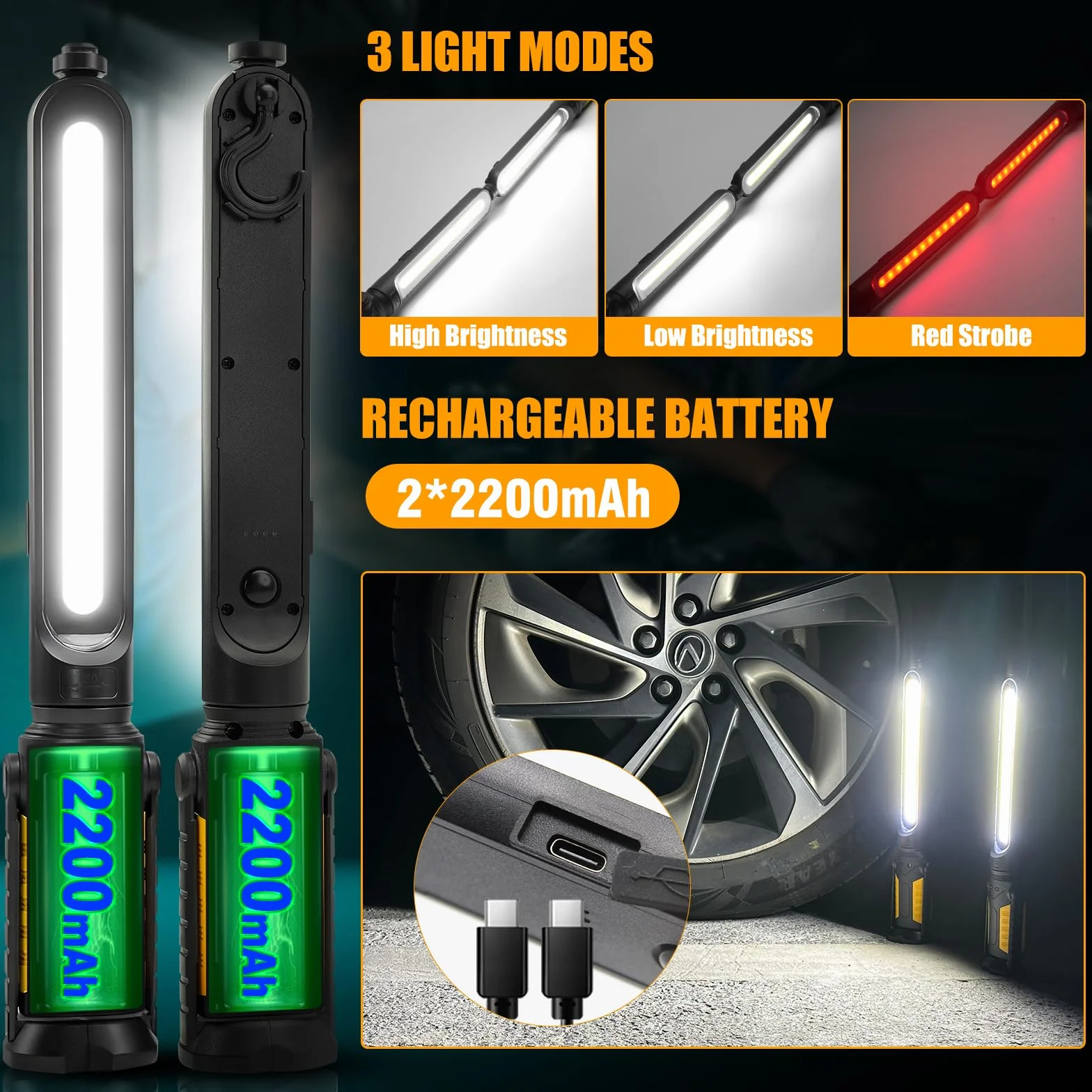SYLSTAR Linterna Taller con Control por Sensor, 2400LM Linterna Mecanico Recargable con 3 Niveles de Brillo, 4400mAh Batería, Gancho y Base Magnética para Taller Reparación de Autos Emergencia
