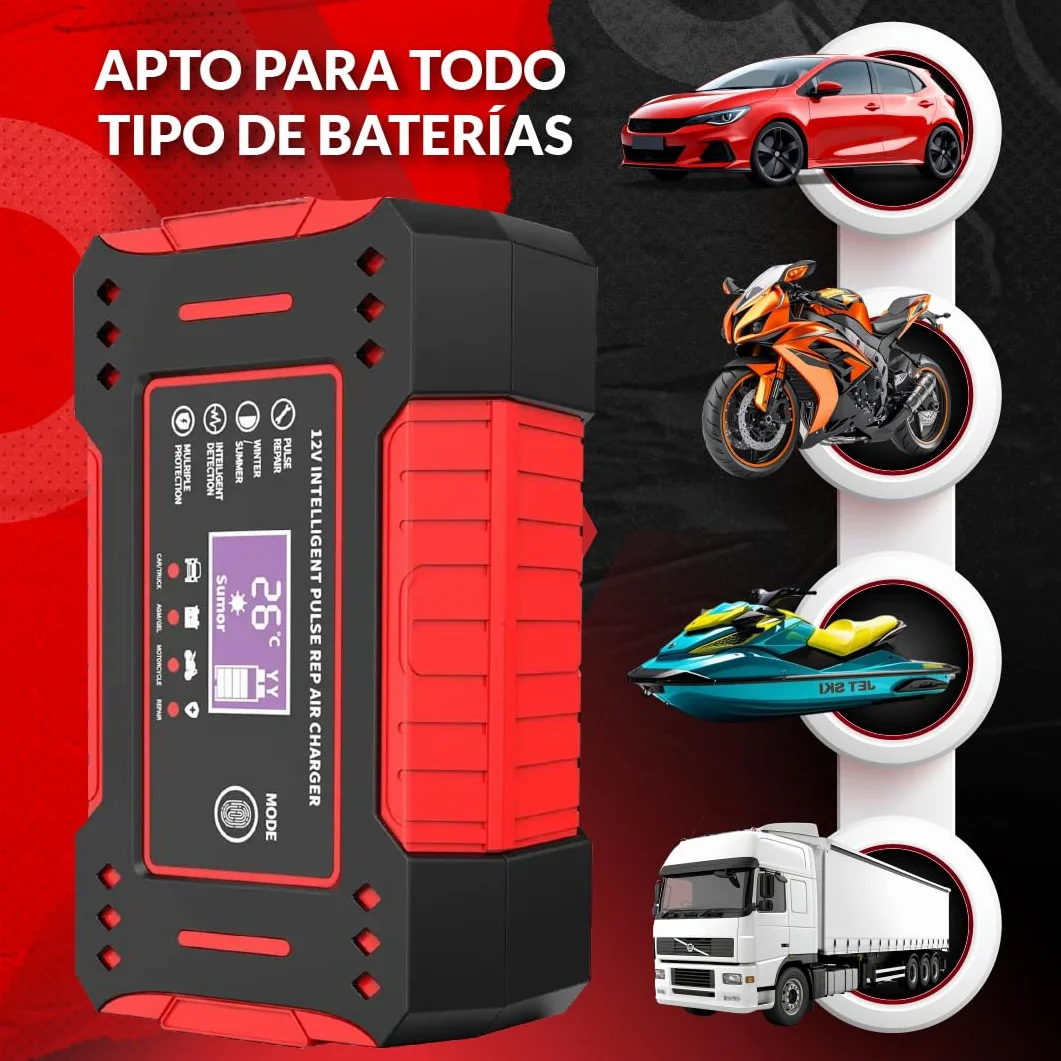 SweetSolutions© Cargador Baterias Coche 12V6A | Cargador De Batería Coche con Función Inteligente | Reparación Automática | Pantalla LCD | Automóviles Moto Camión AGM Gel SLA