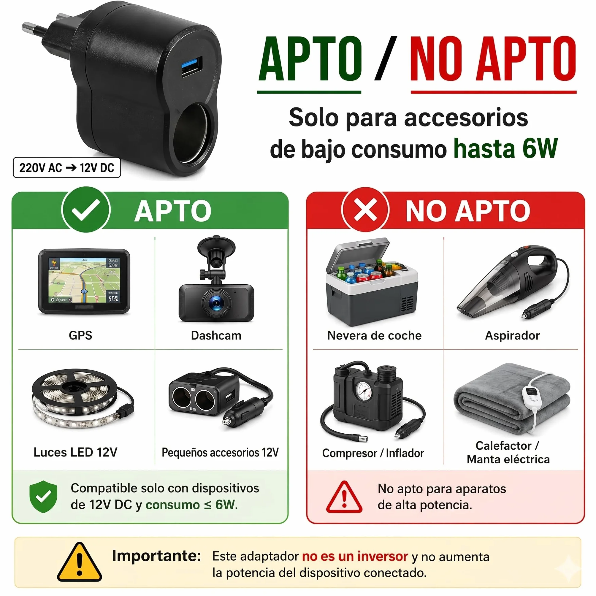 Adaptador de Corriente 220V a 12V para Mechero de Coche, Convertidor AC/DC con Toma Encendedor y USB 5V/1A, Solo para Accesorios de Bajo Consumo hasta 6W, GPS y Luces LED