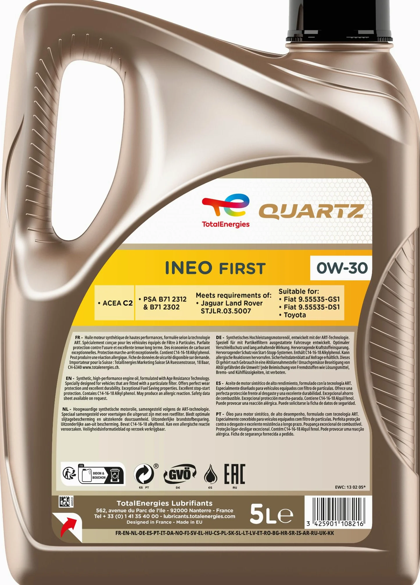 TotalEnergies Quartz INEO First 0W30 - Aceite de Motor Low SAPS, tecnología de Resistencia a la Edad, fórmula de Ahorro de Combustible, lubricante sintético avanzado de Aceite de Motor, 5 litros
