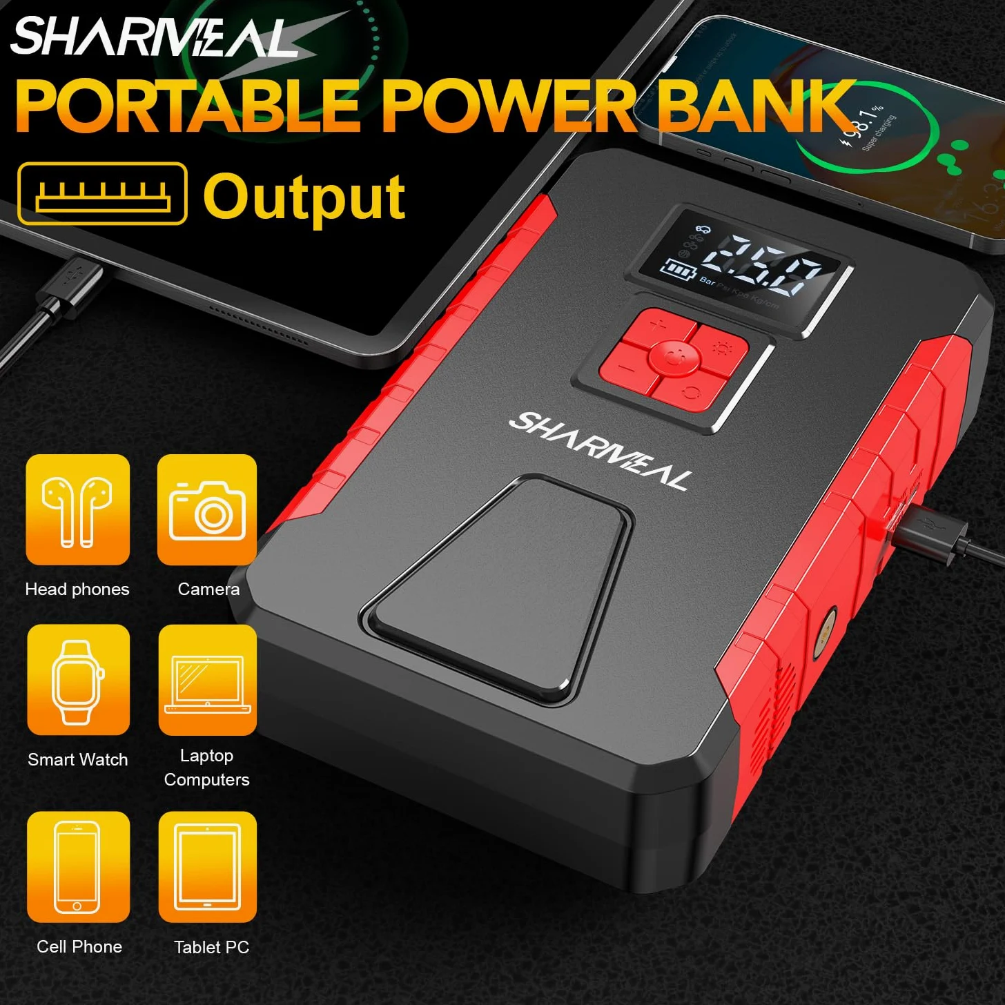 SHARMEAL Paquete de energía de Arranque de 5000 A con compresor de Aire de 150 PSI, Amplificador de batería portátil de Coche de 12 V (10.0 L de Gas/9.0 L diésel), Banco de energía de Arranque de