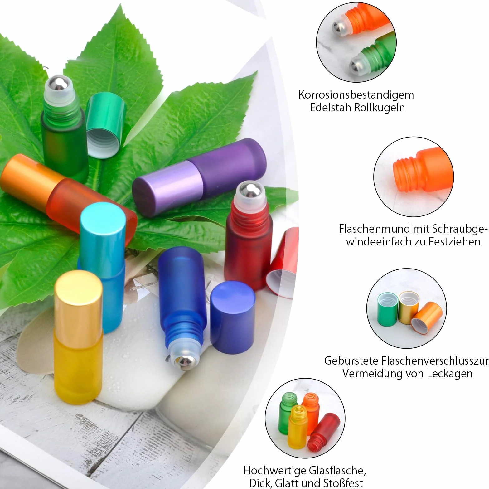 Botellas de cristal para aceite esencial 5 ml con rodillo de acero inoxidable, jeringas y embudo