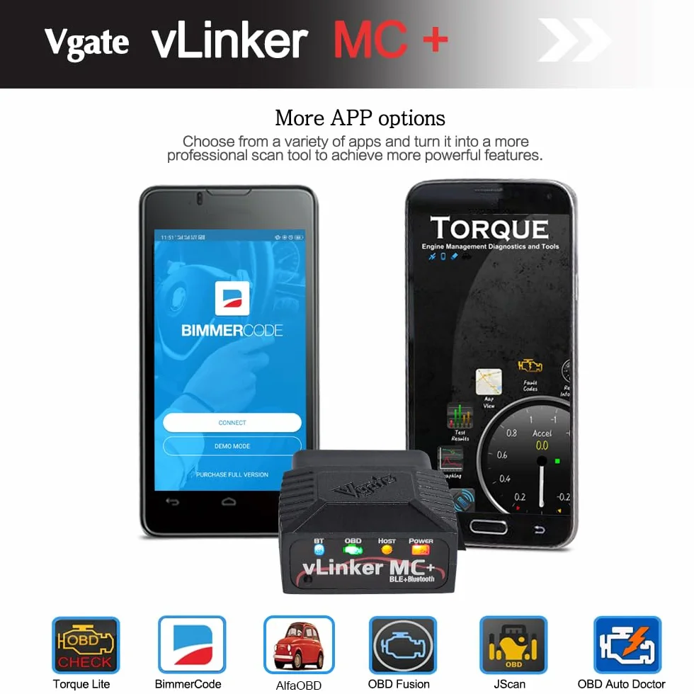 Vgate vLinker MC+ Bluetooth OBD2 Car Diagnostic Scan Tool para iOS, Android y Windows.