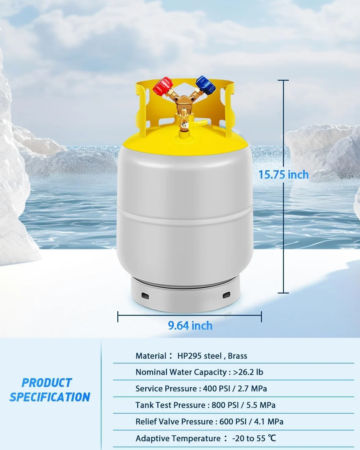 FAHKNS Tanque de recuperación de refrigerante de 30 Libras con válvula en Y SAE de 1/4, Tanque cilíndrico Reutilizable sin Interruptor Flotante R12 R22, R134A, R410A, etc. Tanque de recuperación de