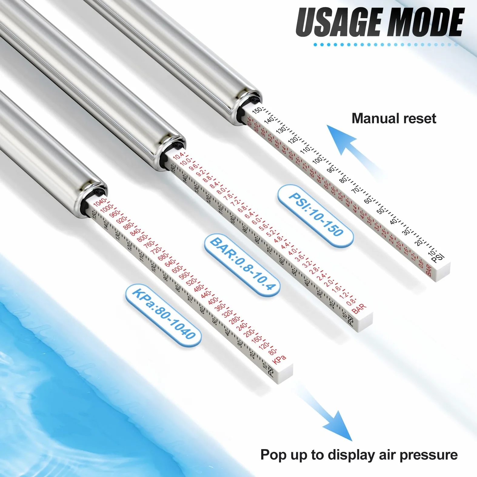 MEANLIN MEASURE 5Pcs Manómetro de presión de neumáticos tipo recto doble de plata，Manómetro de presión de aire de doble cabezal，Rango de presión 0.8~10.4 Bar(Adecuado para camiones, etc）.