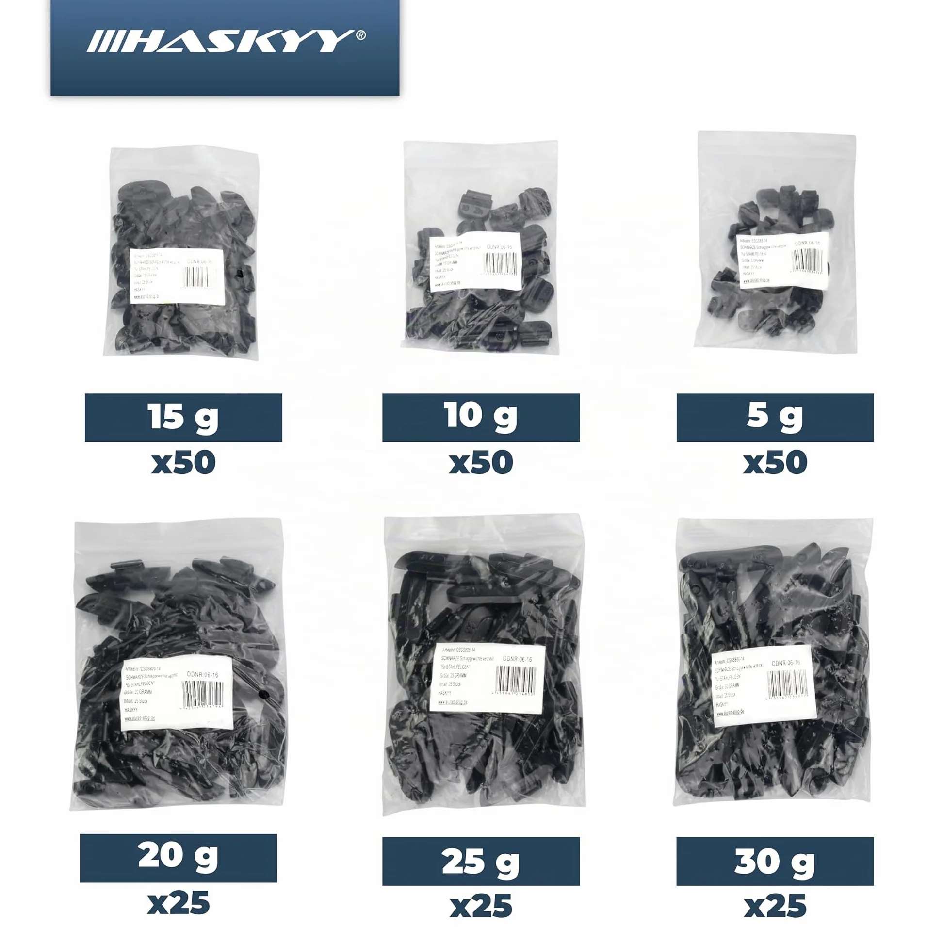 HASKYY Contrapesos de percusión, contrapesos de equilibrio, surtido de 225 unidades de 5-30 g para llantas de acero, negro