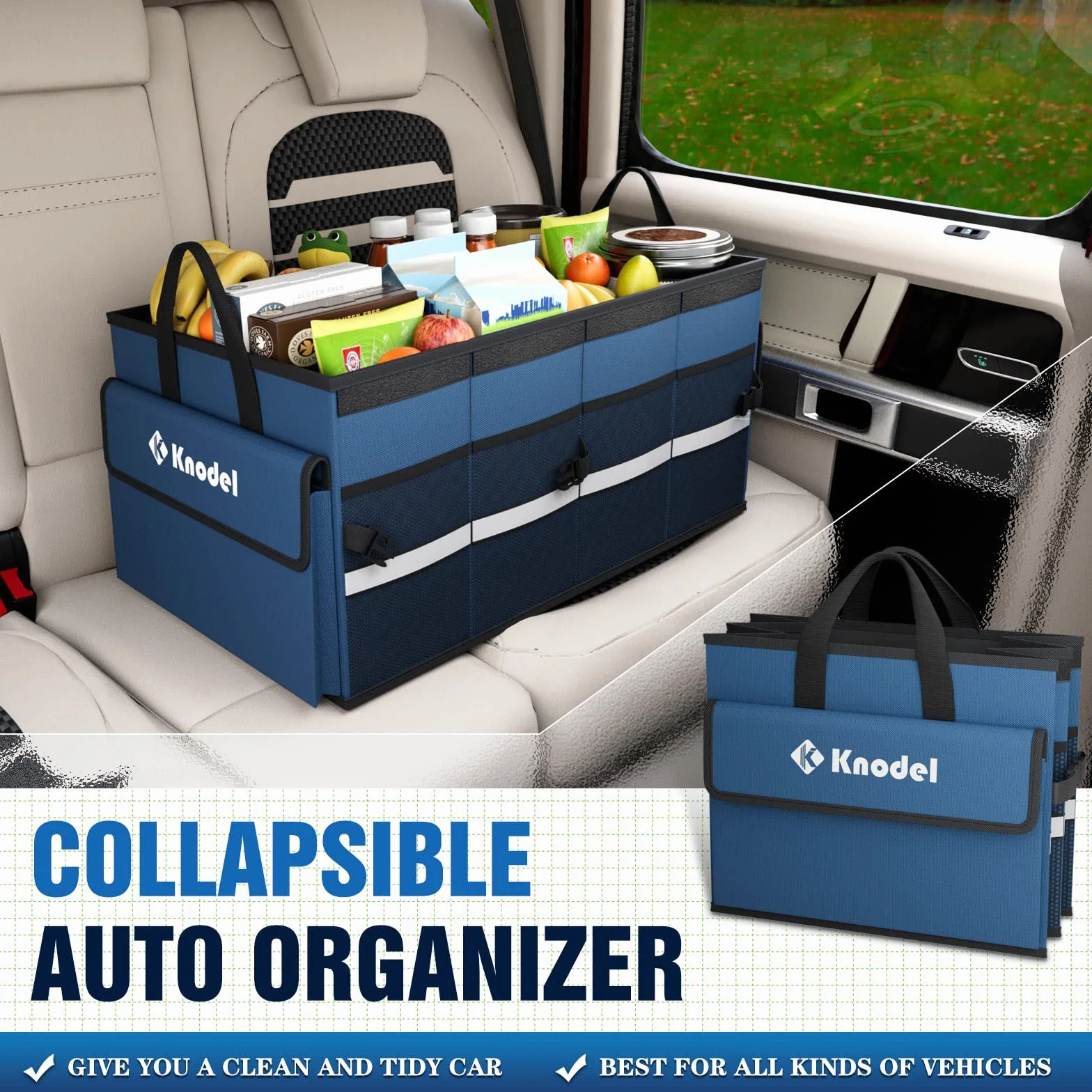 K KNODEL Organizador de Maletero de Coche, Funda Plegable, Organizador de Almacenamiento Plegable Resistente para Maletero de Coche, Organizador de Maletero con Tapa (Mediano, Azul)