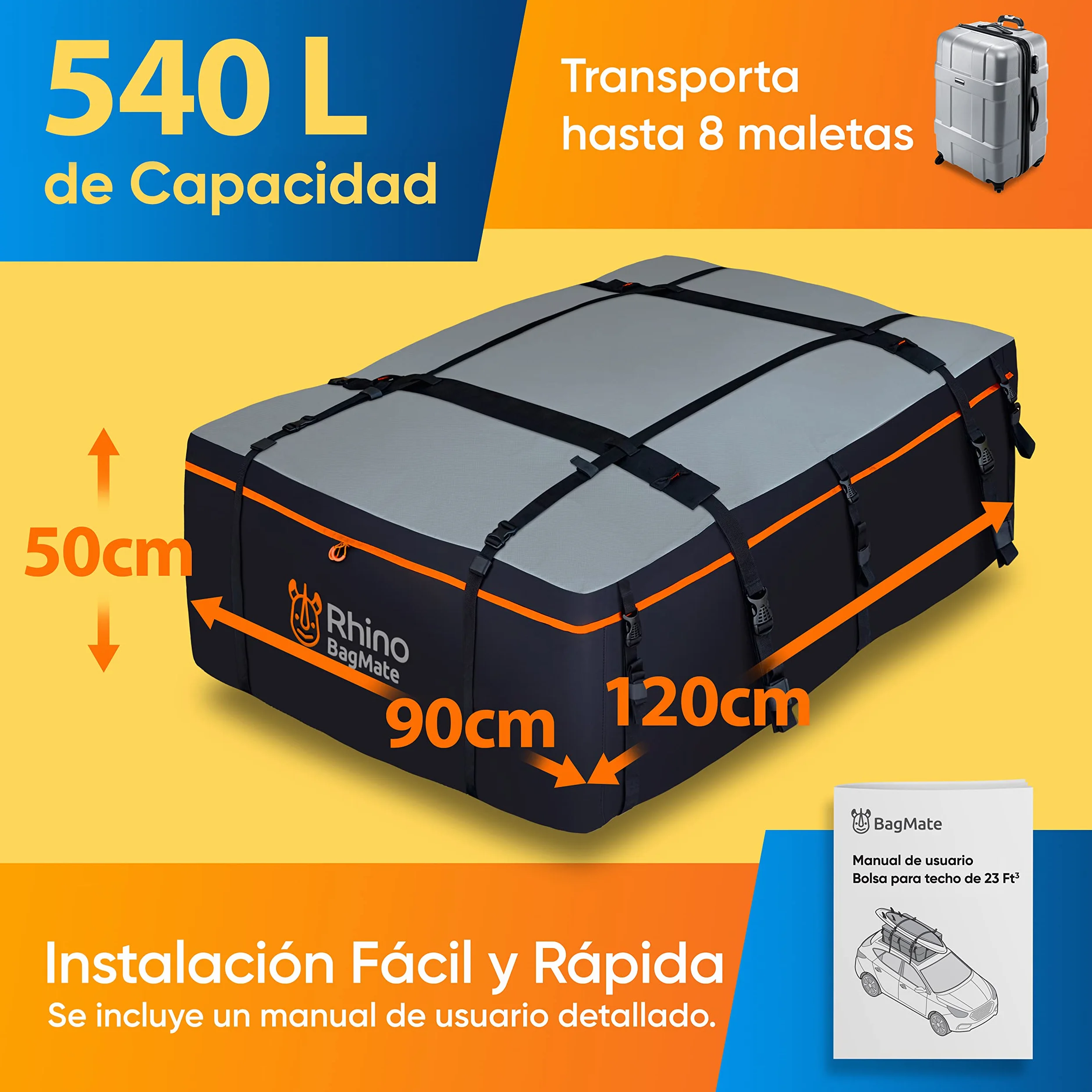Rhino Bagmate Bolsa De Techo XL 540L (19 Pies Cúbicos). Protección UV 100% Impermeable. Cofre Techo Coche Extremadamente Duradero para Todos Los Coches con Techo