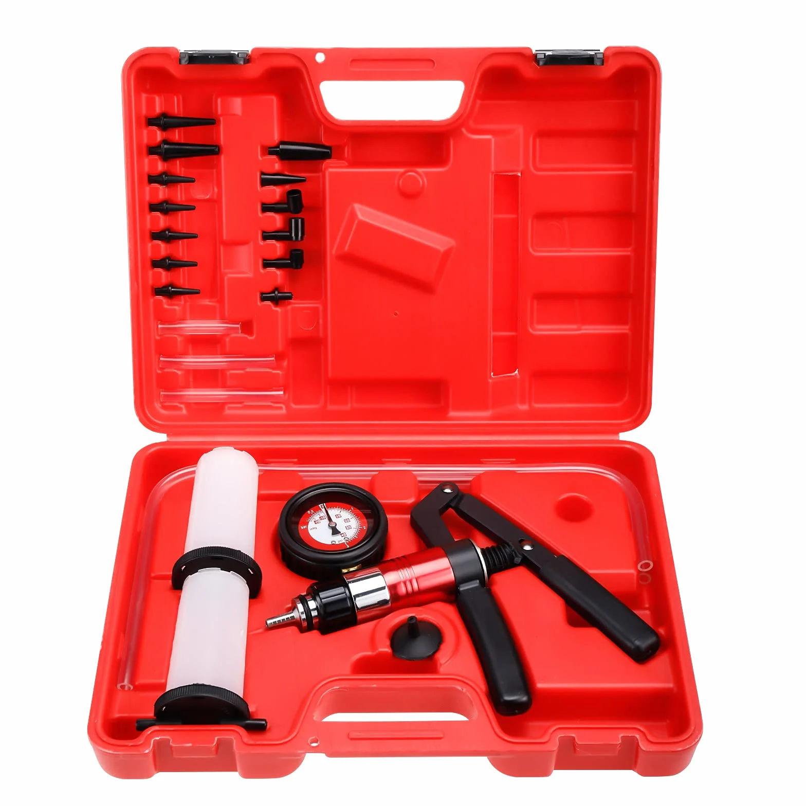 BOOMSTART 21 Piezas Equipo de Purga de Frenos, Probador de Bomba de Vacío de Freno con Manómetro, Adaptadores para Coche Vehículo Automotriz, Camión y Moto