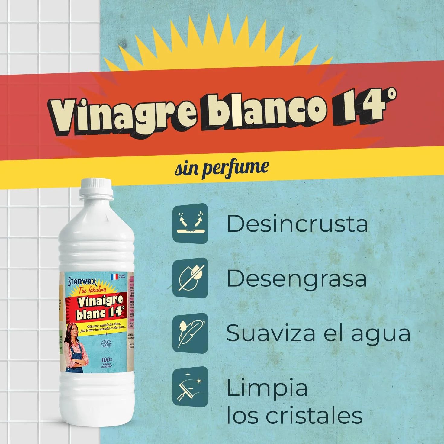 STARWAX THE FABULOUS Vinagre Blanco 14° Multiusos 1L Limpiador Natural Alta Concentración