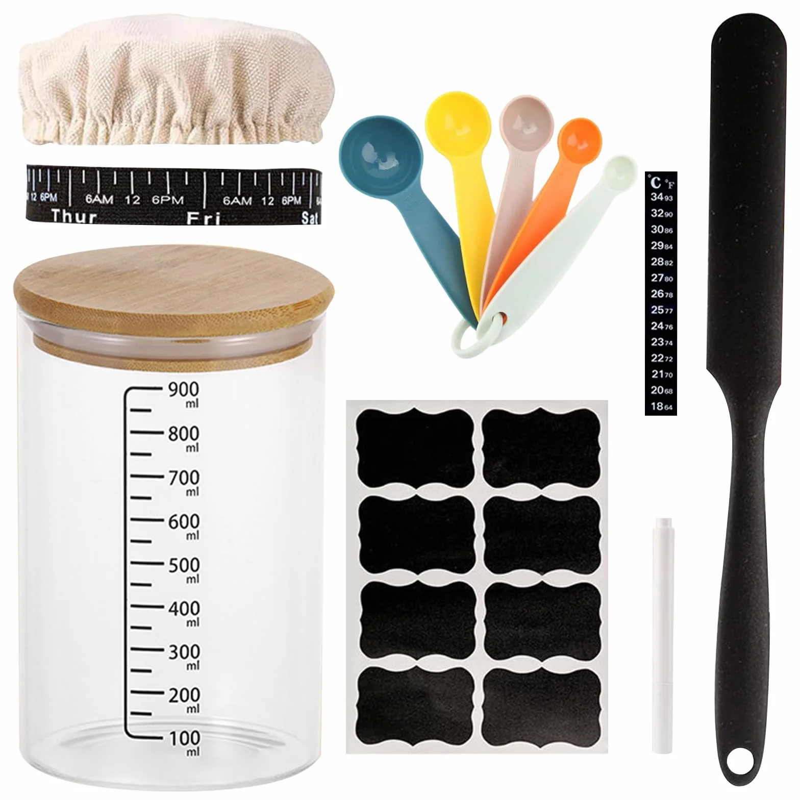 Juego de 9 Tarros de Masa Madre 900 ml con Tapa de Madera, Raspador y Gorro de Tela