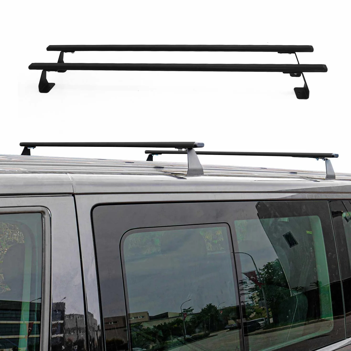 OMAC Heavy Duty Barras de Techo Transversales Compatibles con VW T5 T6 Transporter Multivan Caravelle 2003-2024 – 2 Stangen – Acero Negro