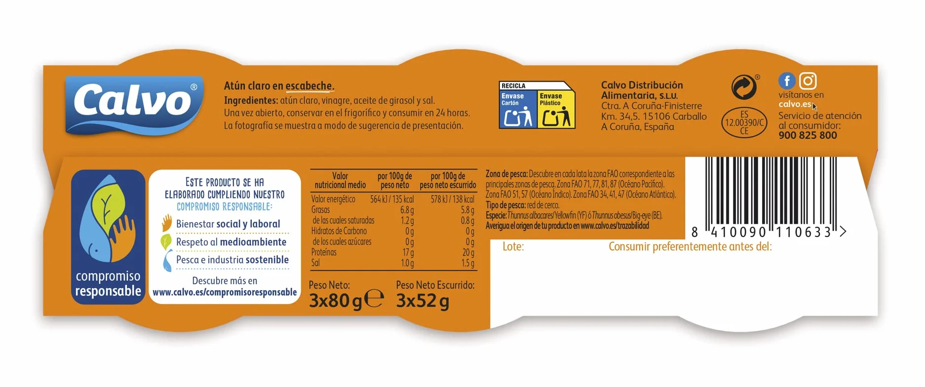 Calvo Atún Claro Escabeche Pack 3 x 80 g