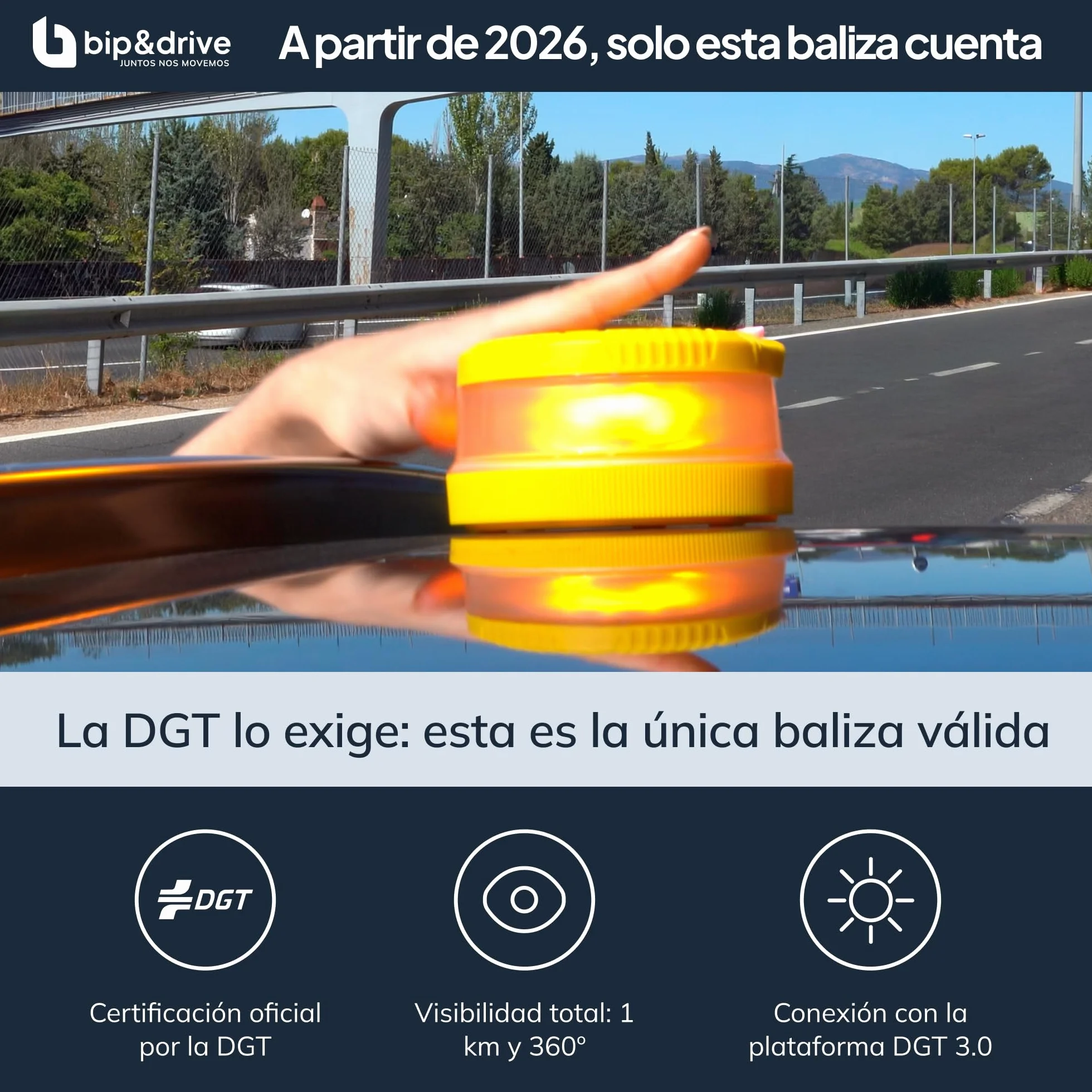 Baliza V16 Homologada DGT Geolocalización Luz Emergencia Coche LED 360° 1km Conectada Plataforma DGT 3.0 Resistente Lluvia Base Imantada Bip&Drive