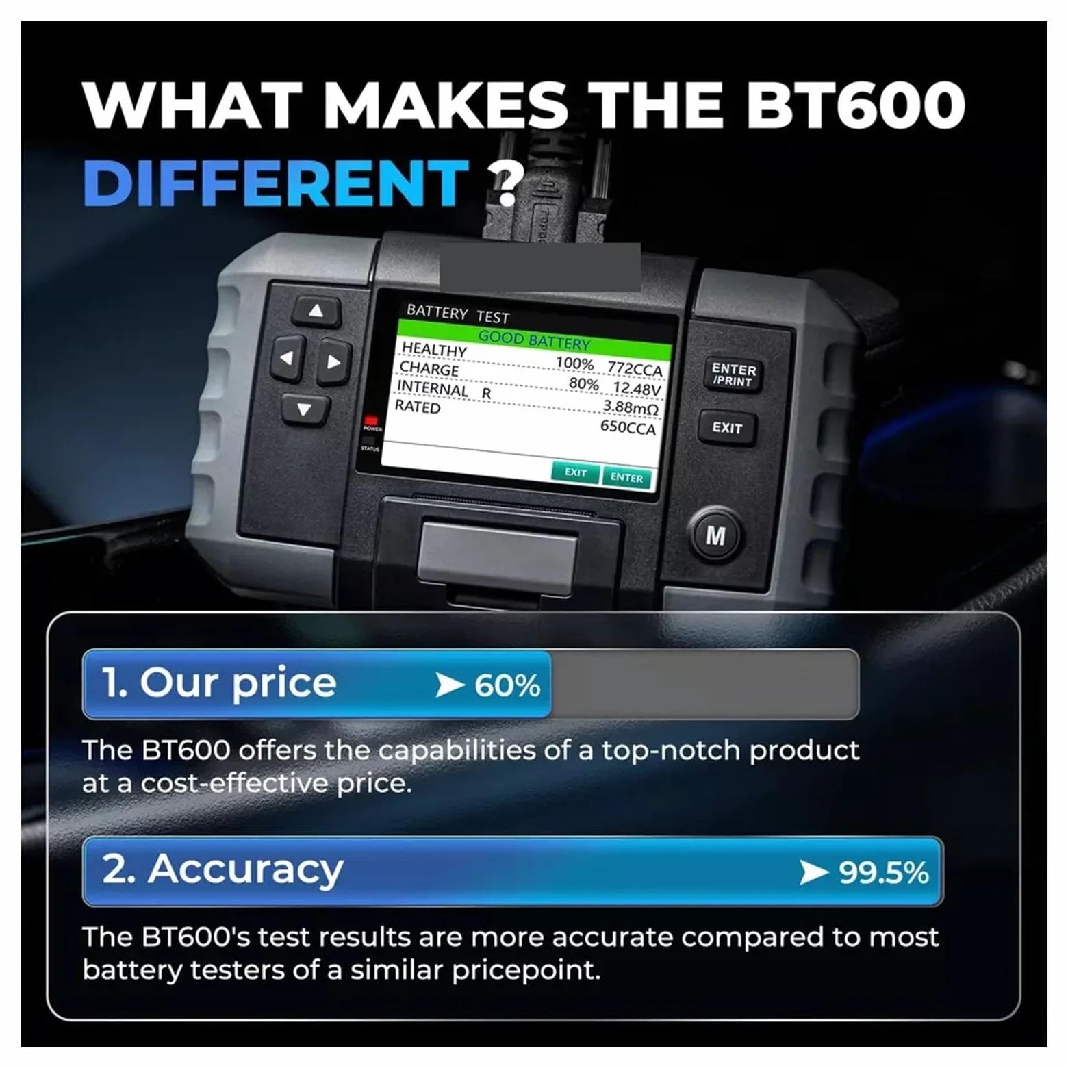 Comprobador de baterias, Probador de batería de coche BT600 de 12 V y 24 V, analizador de plomo-ácido for vehículos con impresora térmica integrada, herramienta for baterías de coche