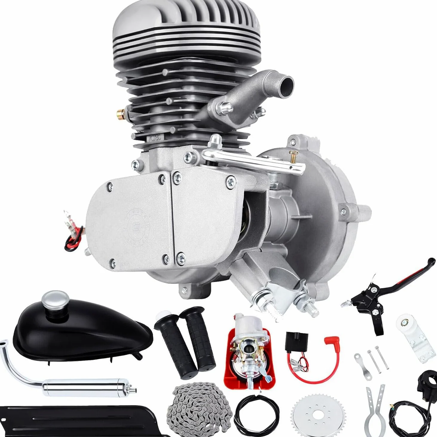 Kit de motorización para bicicleta de 2 tiempos, 100 cc, motor de gasolina, kit de conversión de bicicleta plateado