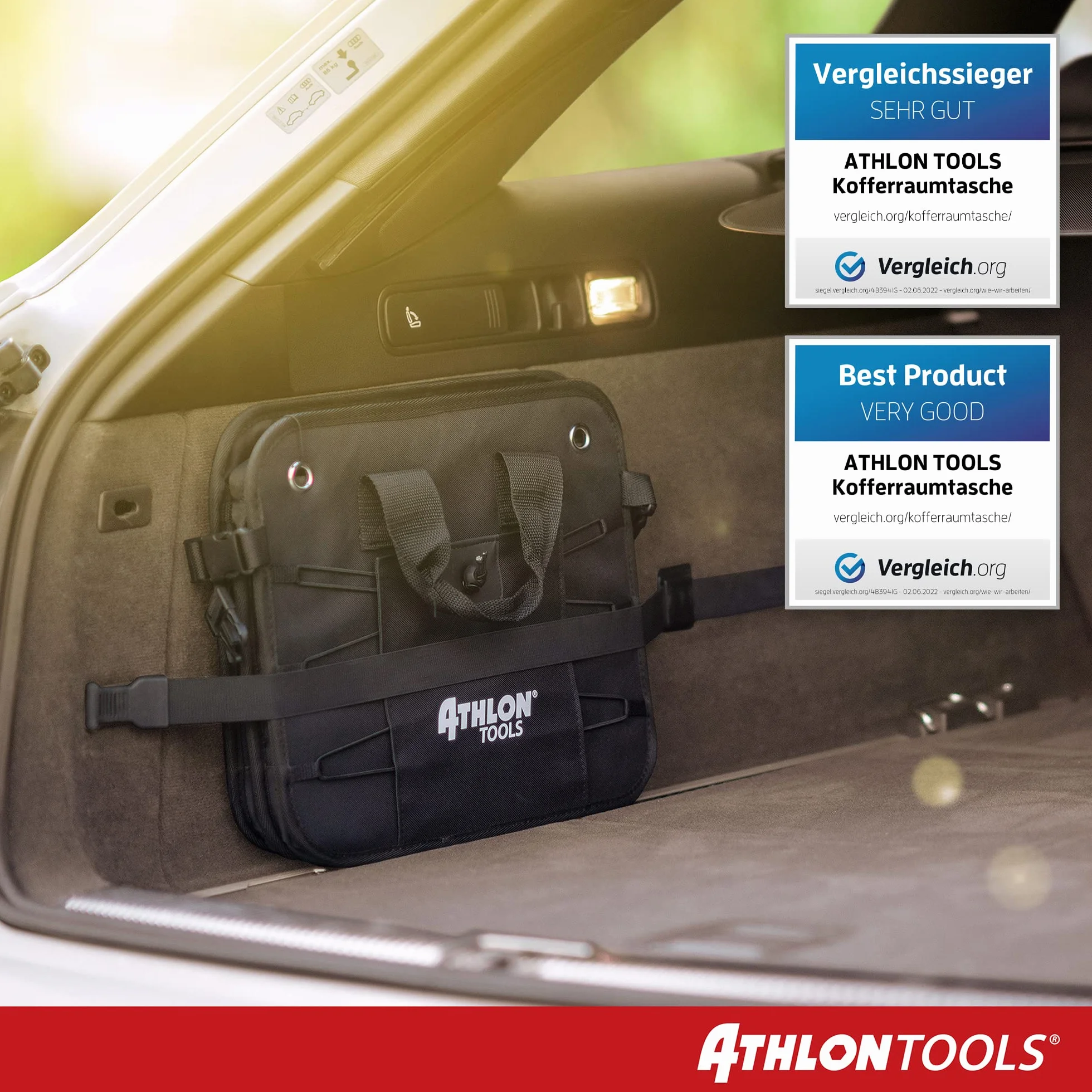 ATHLON TOOLS Bolsa de maletero prémium con tapa, XXL de 60 litros organizador de maletero, base extraestable e impermeable con cierre de tiras antideslizante
