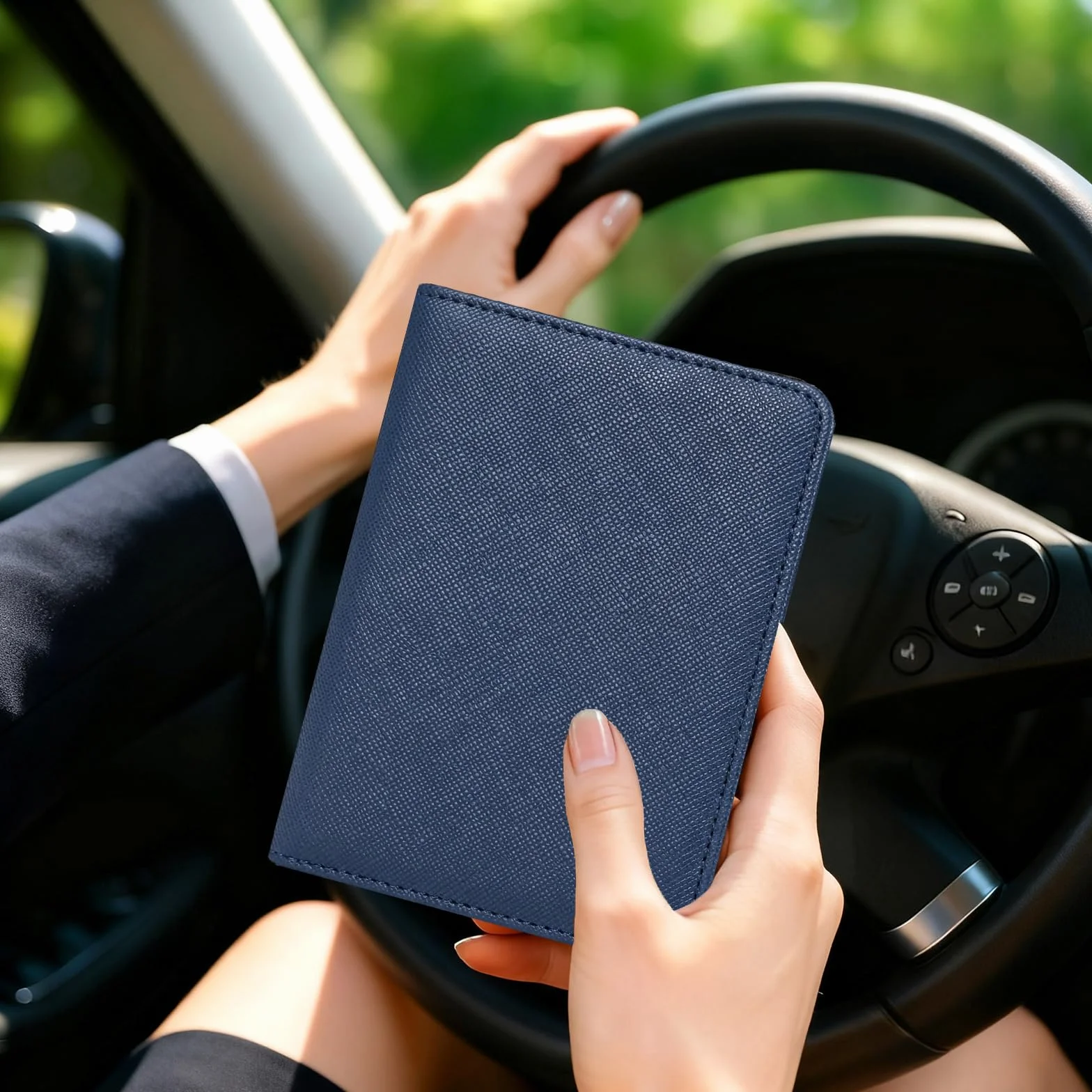 Caweet Soporte para registro de coche y seguro – Organizador de guantera de coche – Portadocumentos de cuero para carné de conducir, carné de identidad y tarjetas, azul-1