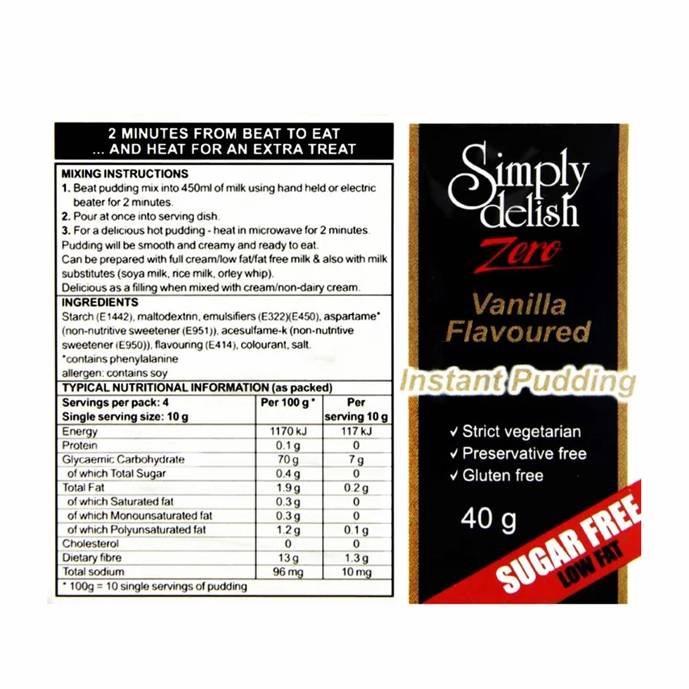 Simply Delish Sugar Free Instant Pudding Vanilla Flavour Pack of 6 Low Fat Gluten Free Vegan Sweet