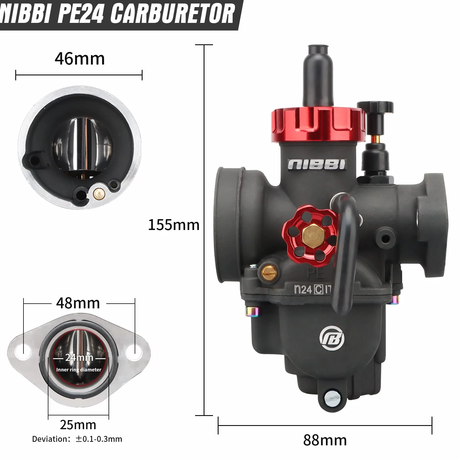 NIBBI PE 24mm Carburador Alto Rendimiento para Motos 140cc-160cc con Revestimiento Protector Incluye Brida y Boquilla Compatible con Cross, Dirt Bike, Pit Bike, ATV, Motocross y Mini GP